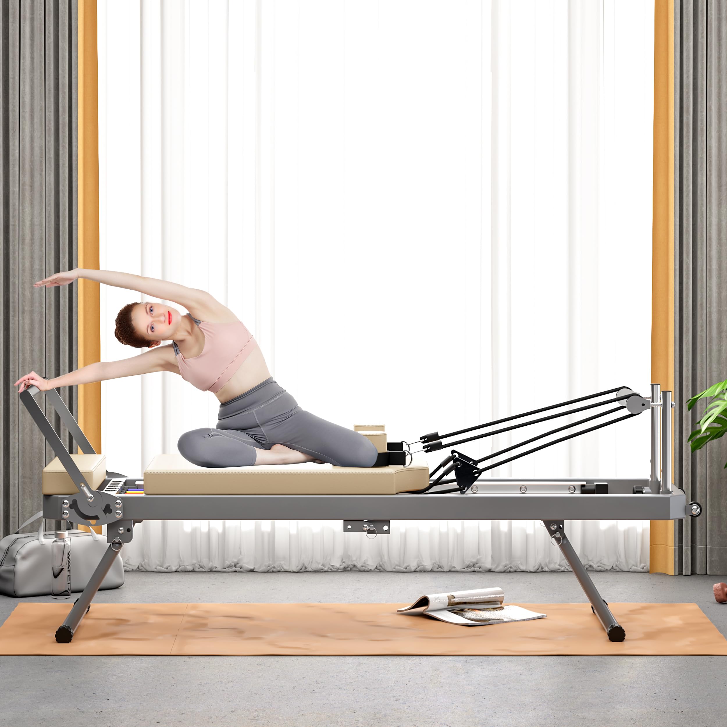 SogesPower Foldable Pilates Reformer Machine for Home Gym - High Strength Alloy Springs, 330lbs Weight Capacity - Perfect for Beginners & Full-Body Workouts | Ideal for Small Spaces, Home Fitness & Pilates Studio Training