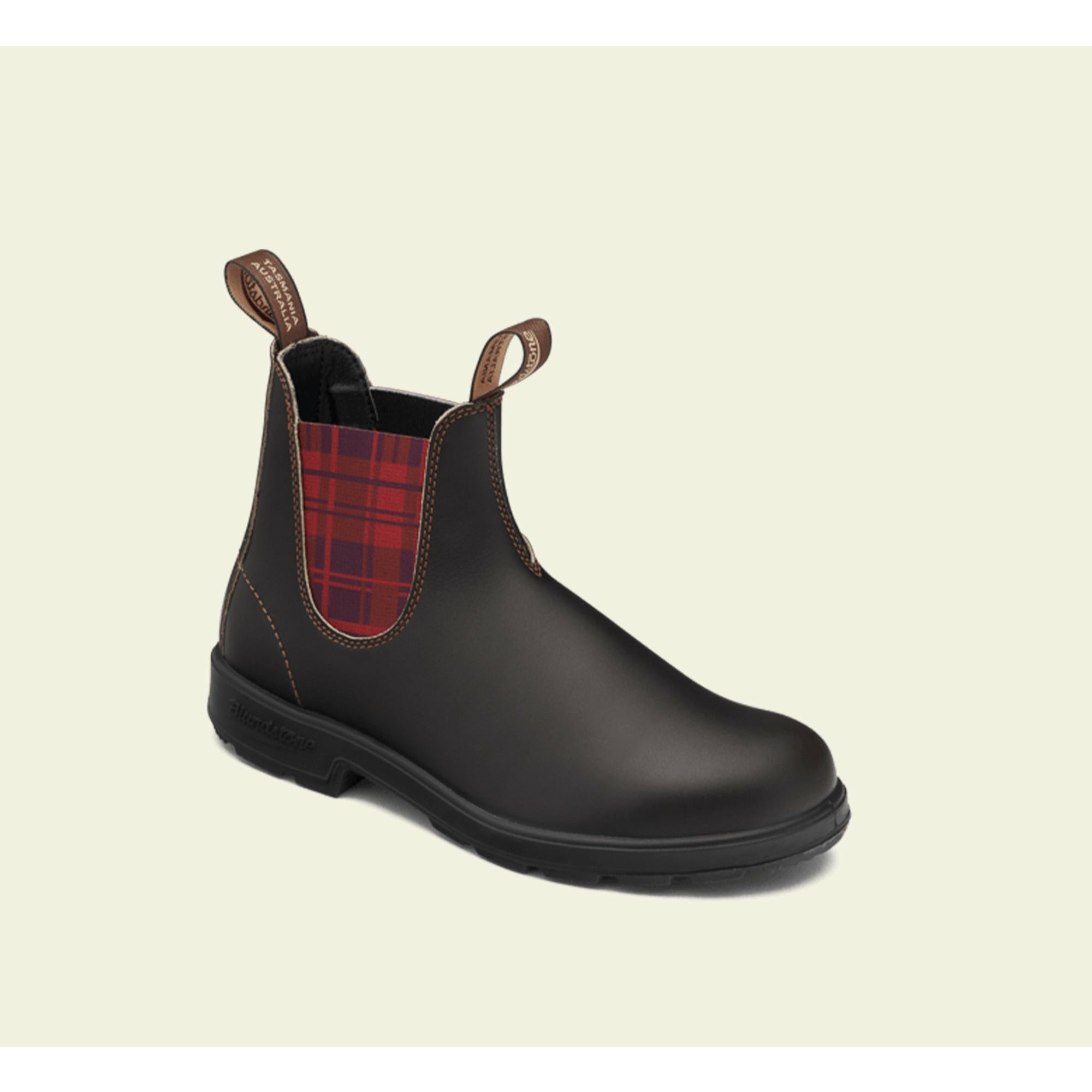 Blundstone Original 2100 Brown Chelsea Boots with Burgundy Tartan Elastic - Comfortable Slip-On Ankle Boots for Men & Women, Perfect for Work, Hiking & Casual Wear