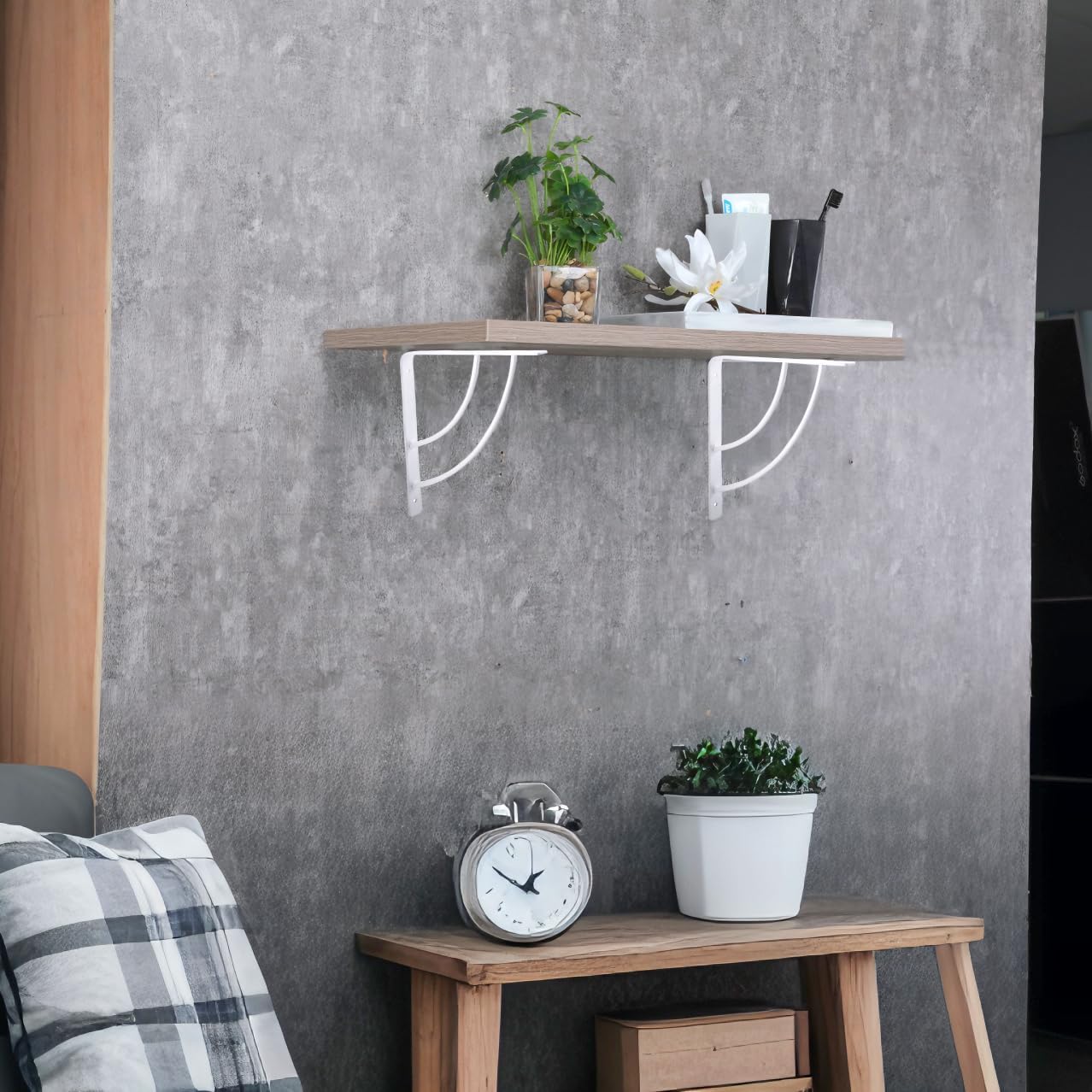 8 Inch Decorative Shelf Brackets - 2 Pack White Metal Wall Mounted Shelving Supports for Floating Shelves, DIY Home & Kitchen Organization - Includes Screws | HOME MASTER HARDWARE | Perfect for Displaying Books, Plants & Decor in Living Room, Bedroom or Office