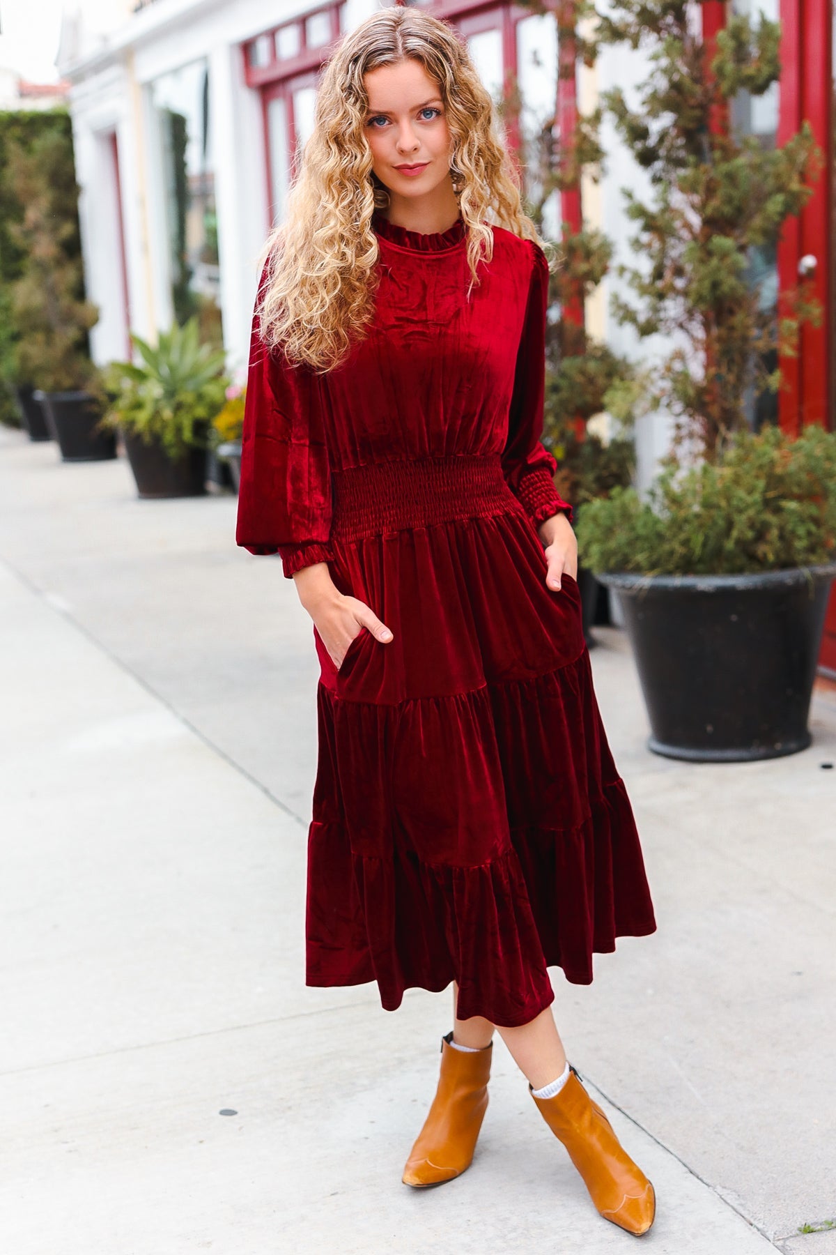 Burgundy Velvet Mock Neck Smocked Waist Dress for Women - Elegant Holiday Party & Christmas Dinner Outfit