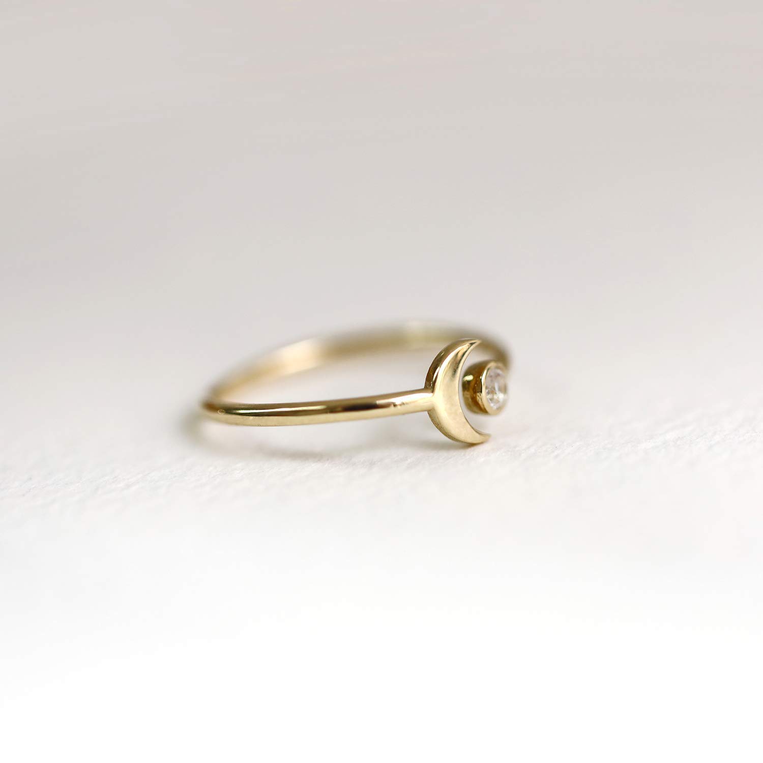 10K 14K Solid Gold Moonstone Open Ring Band - Dainty Unique Stackable Crescent Moon Ring - Natural Moonstone Jewelry for Women - Perfect for Layering, Boho Style & Everyday Wear