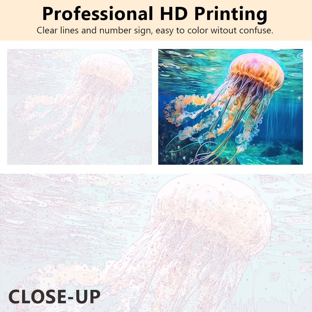 TUMOVO Jellyfish Paint by Numbers Kit for Adults - DIY Ocean Animal Painting on 16x20 Inch Canvas, Beginner-Friendly Art Set for Home Decor & Relaxation | Perfect Gift for Marine Life Lovers