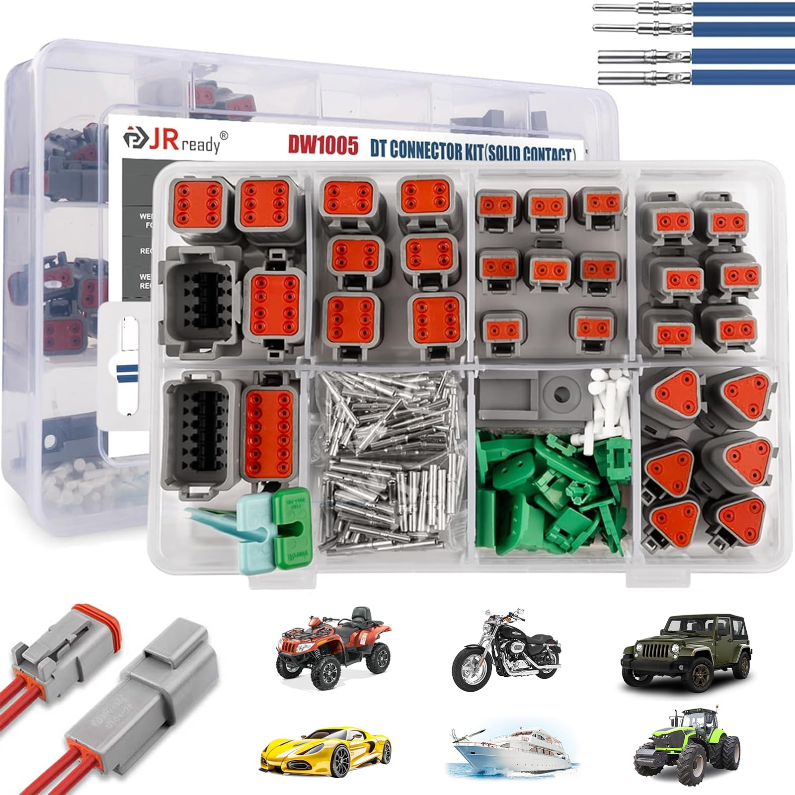 JRready DW1005 Deutsch Connector Kit - 2/3/4/6/8/12 Pin Waterproof DT Connectors with 16AWG Solid Contacts & Sealing Plugs for Automotive, Truck, Motorcycle, Marine & Boat Wiring - Ideal for Harsh Weather & Off-Road Applications