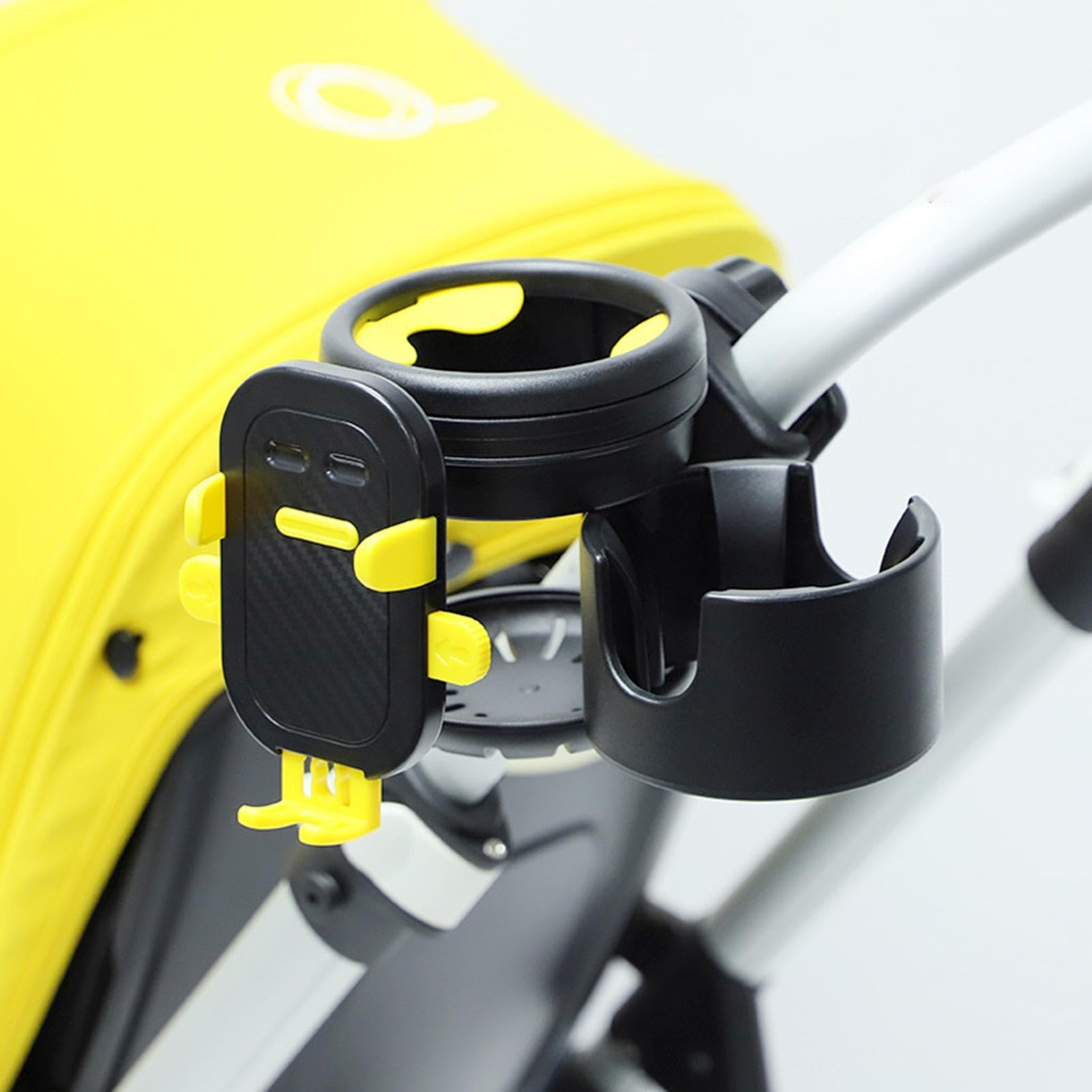 Universal Stroller Cup Holder with Rotating Phone Pocket - Durable Pram Bottle Organizer for Coffee, Drinks & Toddler Bottles | Perfect for Baby Strollers, Shopping Carts & Wheelchairs