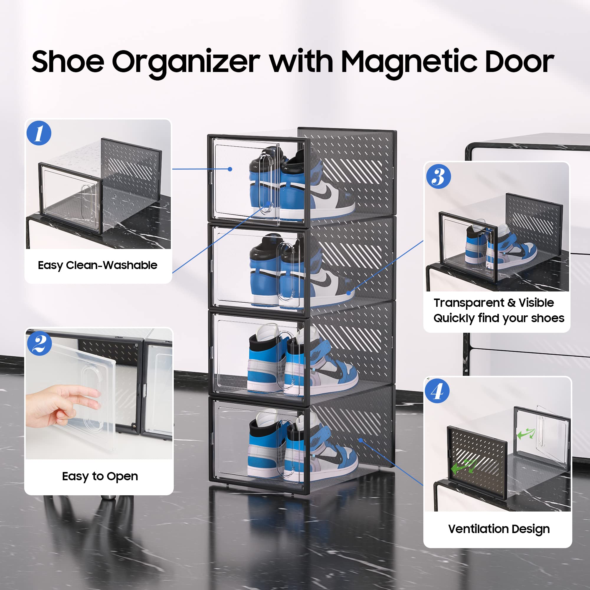 eWonLife 12-Pack X-Large Clear Plastic Stackable Shoe Storage Boxes with Magnetic Door - Organizer for Sneakers, Boots & Heels up to Size 12 - Space-Saving Closet & Entryway Shoe Rack System for Home Organization