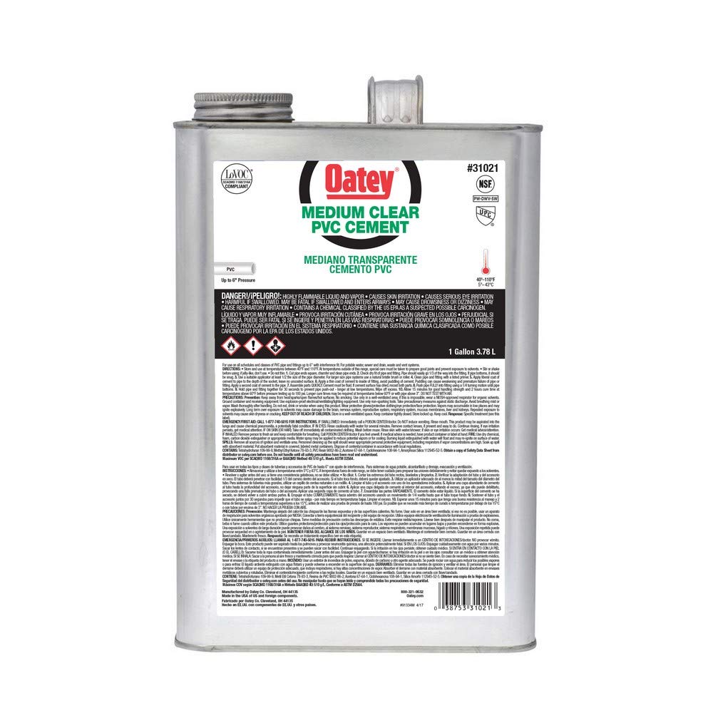 Oatey 31021 Gallon PVC Medium Clear Cement - Fast Drying, High Strength PVC Adhesive for Plumbing, Pipe Fitting & DIY Projects - Ideal for Home Repairs, Construction & Water Pipe Installations