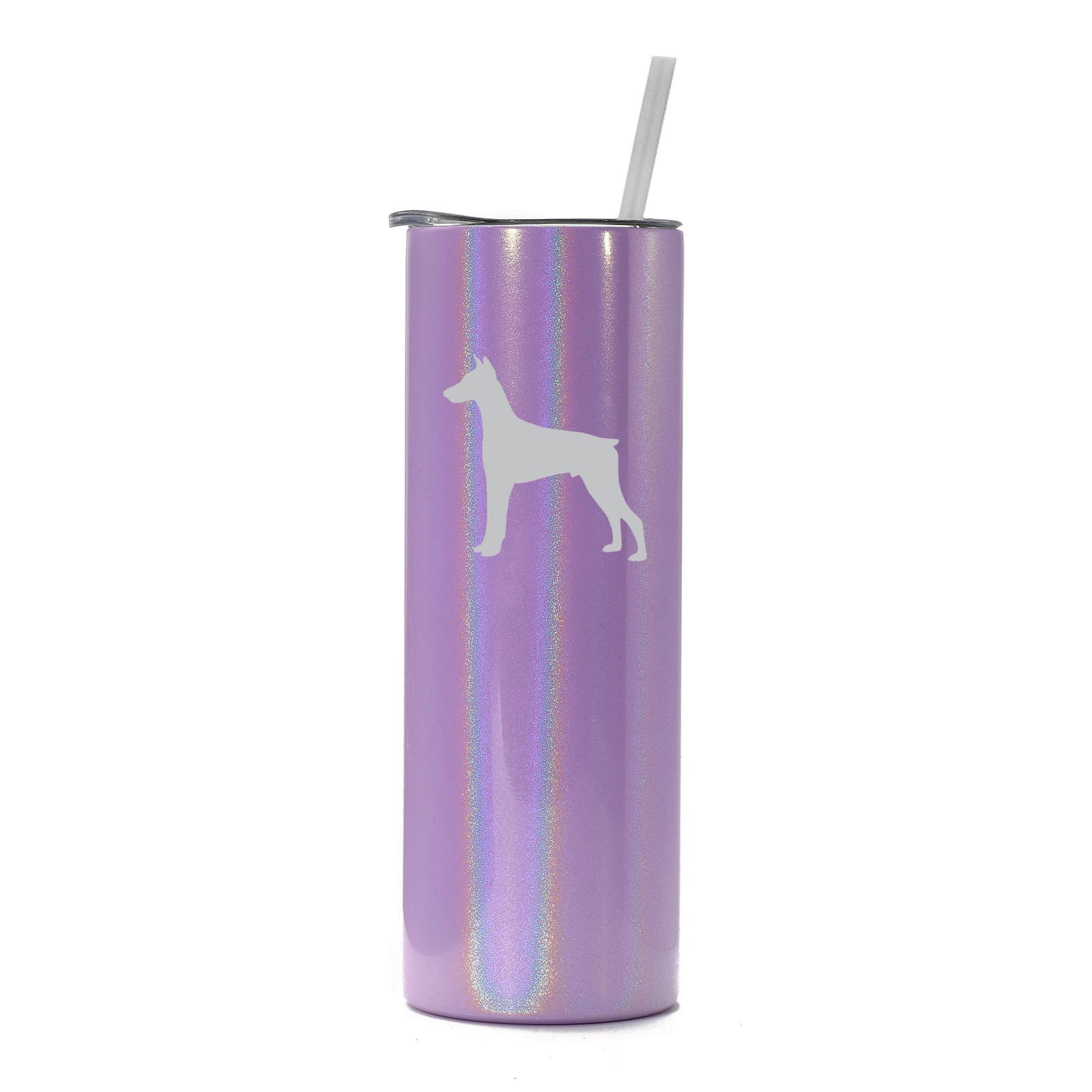 20 oz Skinny Tall Stainless Steel Vacuum Insulated Tumbler with Straw - Doberman Purple Iridescent Glitter Travel Mug for Coffee, Tea & Cold Drinks - Perfect for Office, Gym, Hiking & Road Trips