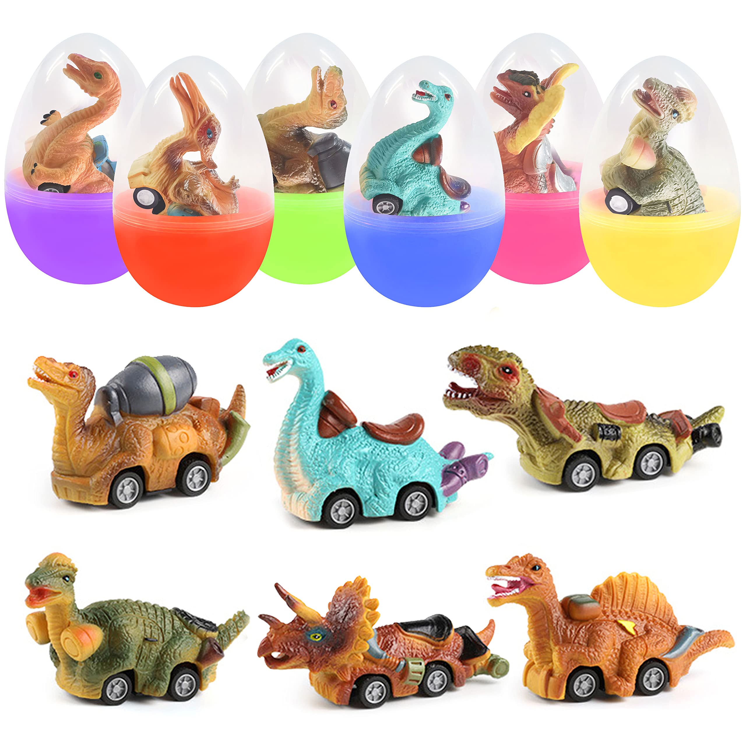 Dinosaur Pull Back Cars Toys Inside - 6 Pack Jumbo Easter Eggs for Kids, Boys & Toddlers - Fun Easter Basket Stuffers & Egg Fillers for Holiday Parties, Egg Hunts and Birthday Gifts