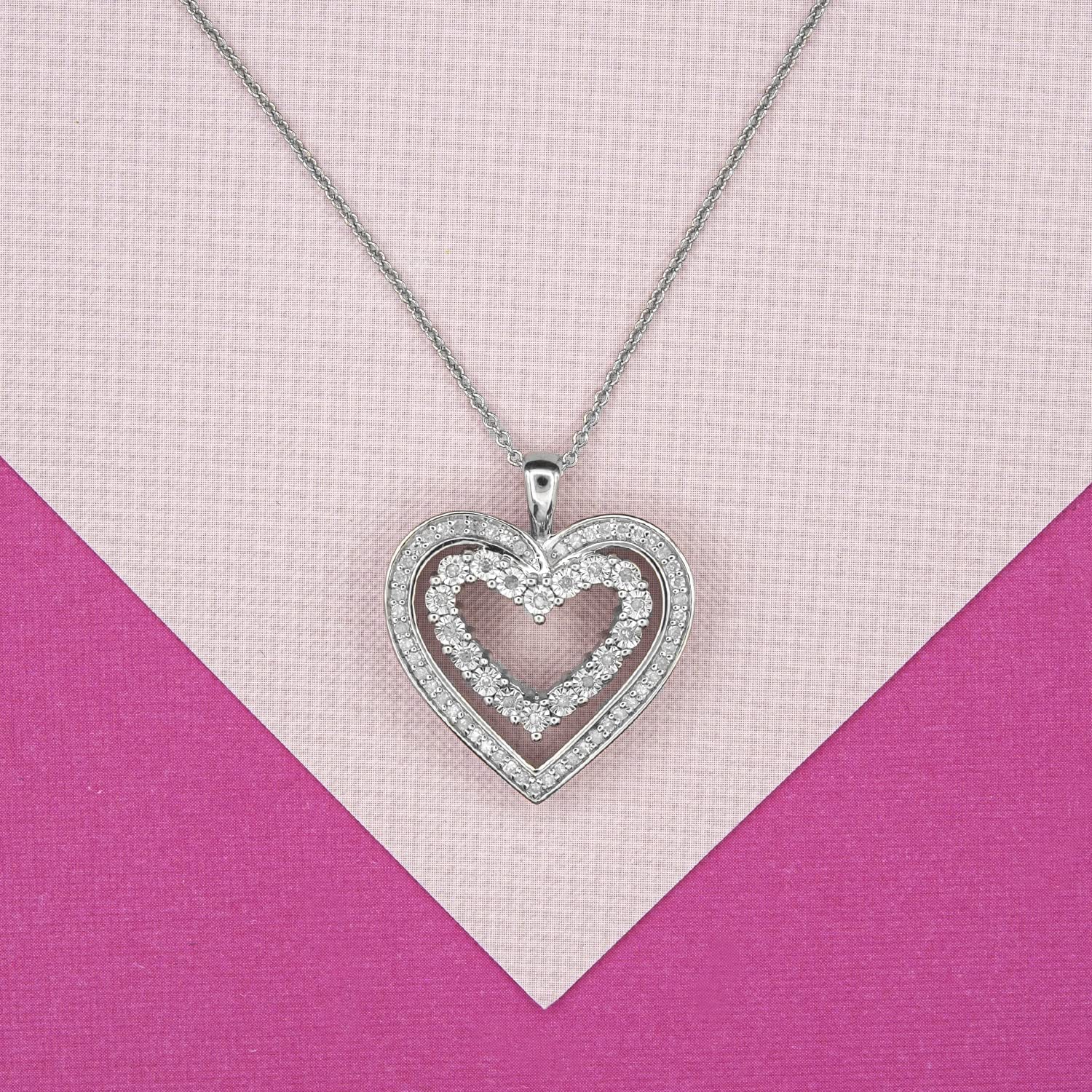 1/4 CTTW Diamond Double Heart Pendant Necklace in Sterling Silver - 20