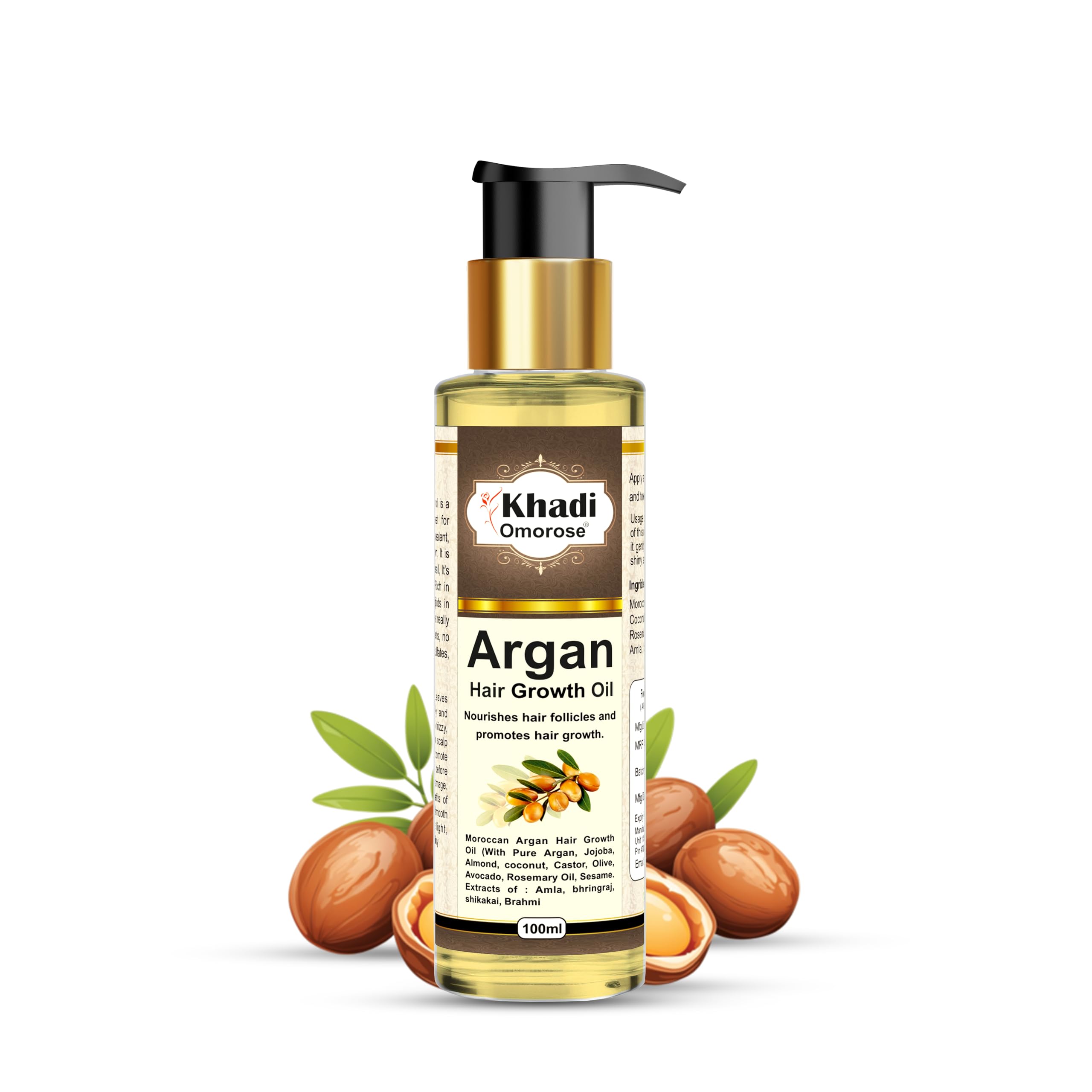 Khadi Omorose Argan Hair Oil - 100ml Natural Hair Treatment with Argan, Jojoba, Almond, Castor, Olive & Sesame Oils - Reduces Hair Fall, Adds Shine & Strengthens Hair - Perfect for Daily Hair Care & Styling