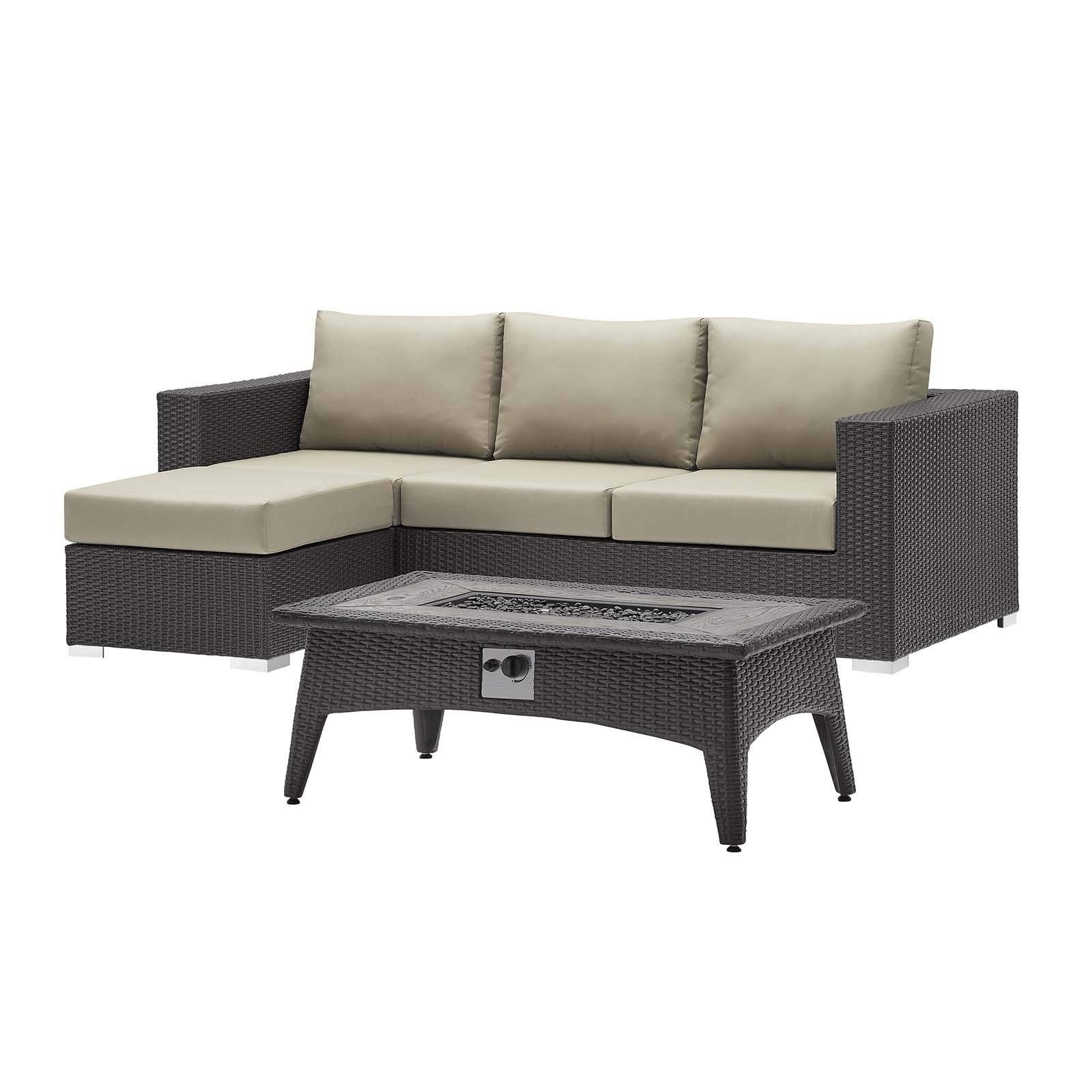 Modern Outdoor Patio Lounge Set - 3-Piece Wicker Sofa, Chair & Coffee Table with Fire Pit - Beige Rattan Furniture for Backyard, Garden, Poolside Relaxation