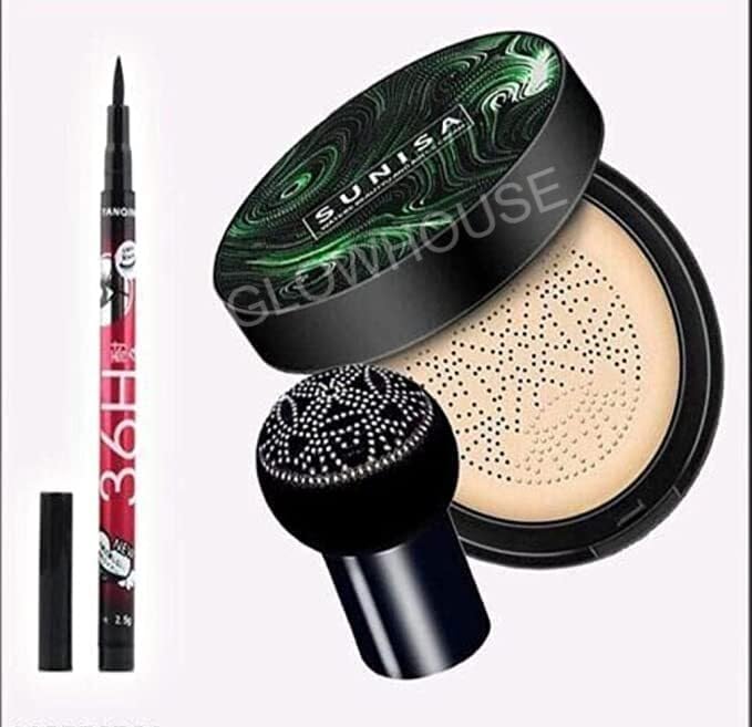 Glowhouse 3-in-1 Air Cushion CC Cream & BB Cream Waterproof Foundation with Mushroom Puff + 36H Long-Lasting Black Waterproof Liquid Eyeliner Pencil - Makeup Combo for Daily Wear, Party & Special Occasions