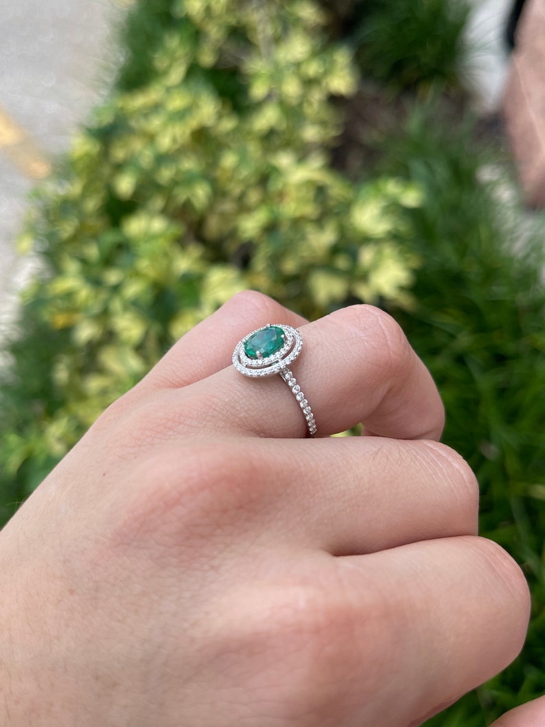 1.90tcw Lush Rich Green 8x6mm Oval Cut Emerald & Double Diamond Halo 14K Gold Engagement Ring for Women - Perfect for Proposals, Anniversaries & Special Occasions