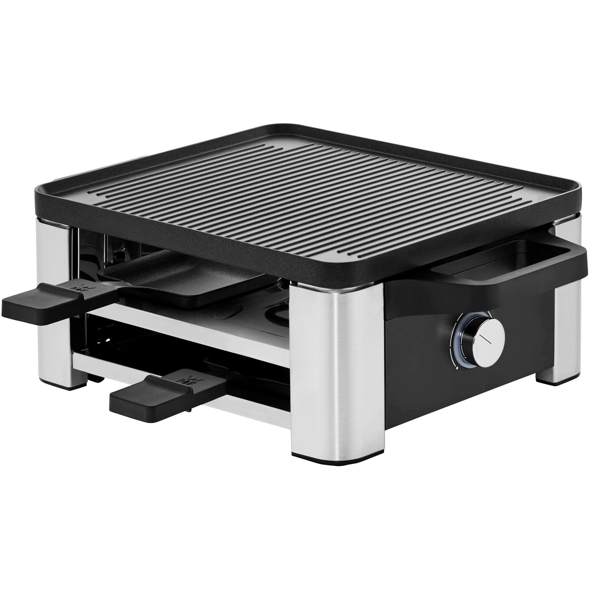 WMF Lono Raclette Grill with Pans & Spatulas - 4 Person Electric Raclette Set, 870W, Matte Stainless Steel - Perfect for Family Gatherings & Dinner Parties