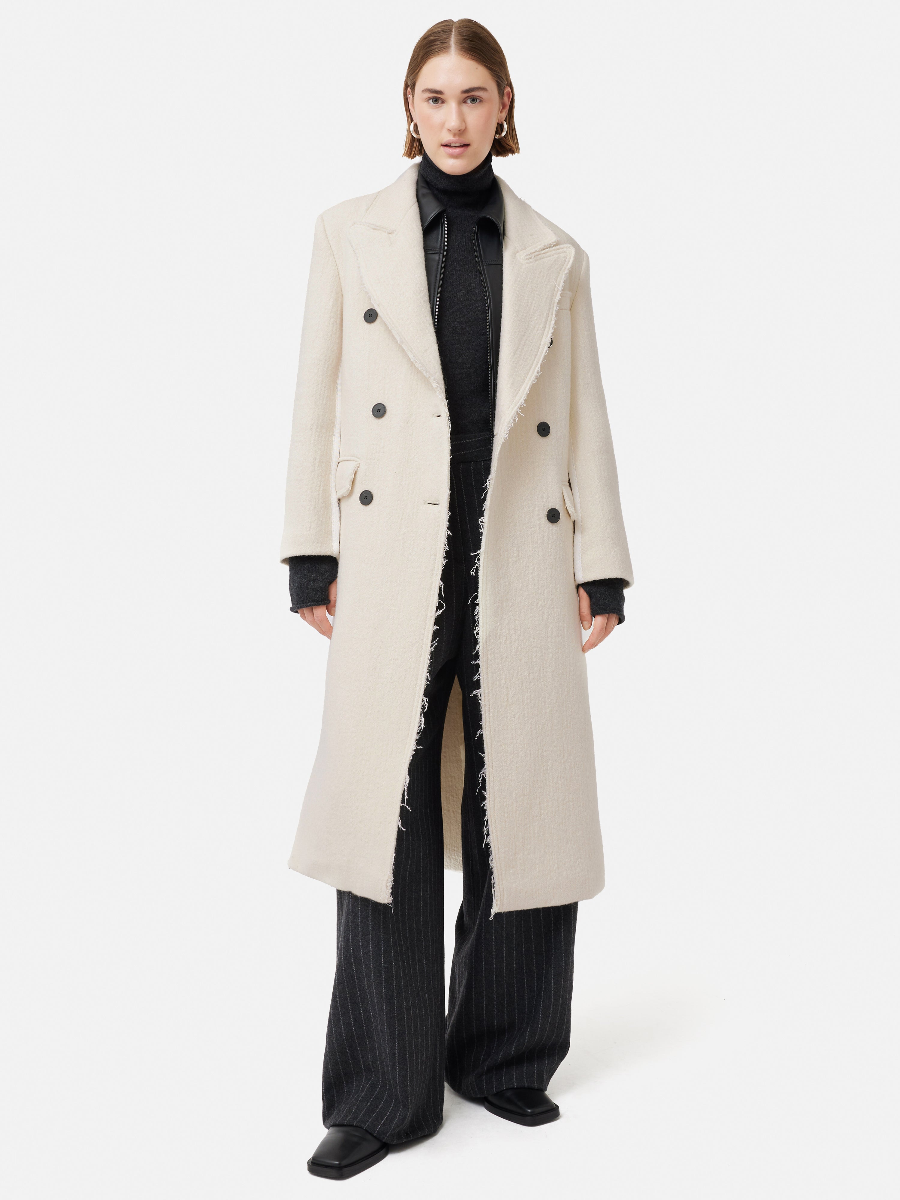 Italian Wool Frayed Edge Coat Women's - Soft Cream Oversized Longline Winter Coat for Women - Perfect for Office, Date Night & Fall Winter Fashion