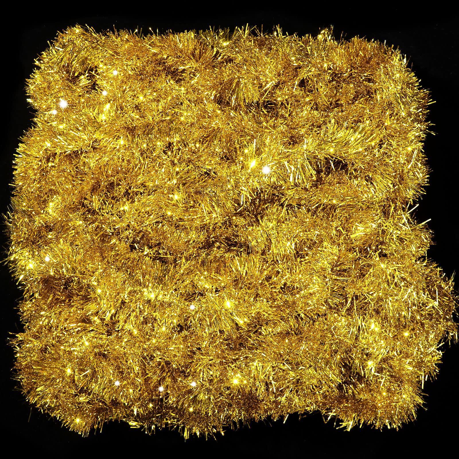 2 Pack 49FT Christmas Tinsel Garland Decorations - Metallic Gold Xmas Twist Streamers for Tree, Wall, Stair Rail - Indoor/Outdoor Holiday Party Decor for Christmas, Halloween, Home, Wedding & Events