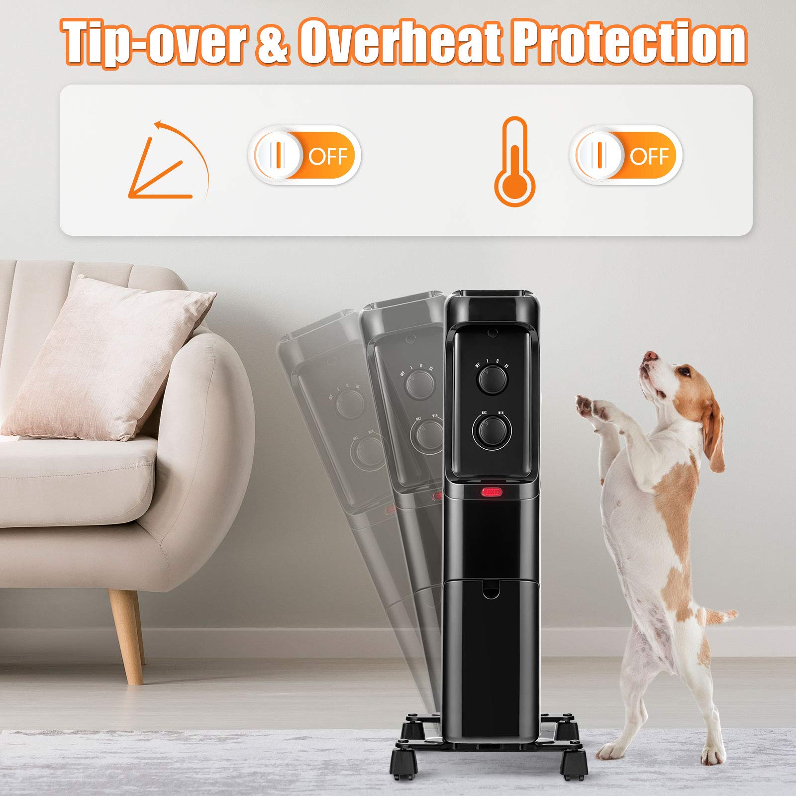 Tangkula 1500W Oil Filled Radiator Heater - 3 Heat Settings, Adjustable Thermostat, Tip-Over & Overheat Protection - Portable Electric Space Heater for Home, Office, Bedroom & Indoor Use - Energy Efficient Winter Heating Solution