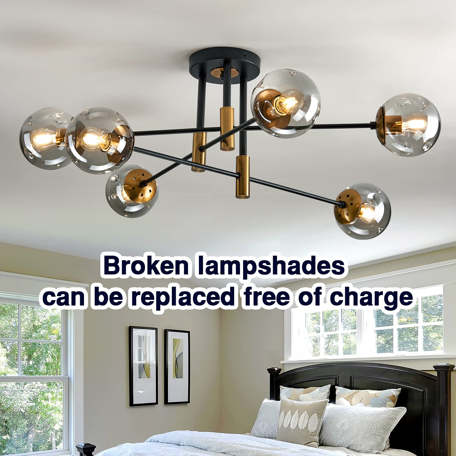 Modern 6-Light Glass Chandelier - Farmhouse Flush Mount Ceiling Light for Dining Room & Living Room