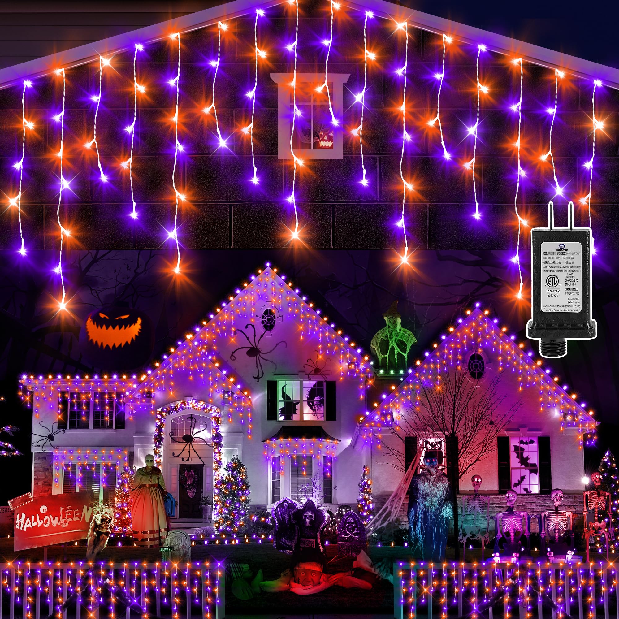 KNONEW 33FT 400 LED Orange Purple Halloween String Lights - 75 Drops, 8 Lighting Modes, Timer Memory, Connectable - Outdoor Hanging Curtain Lights for Halloween Party, Christmas, Garden, and Home Decor