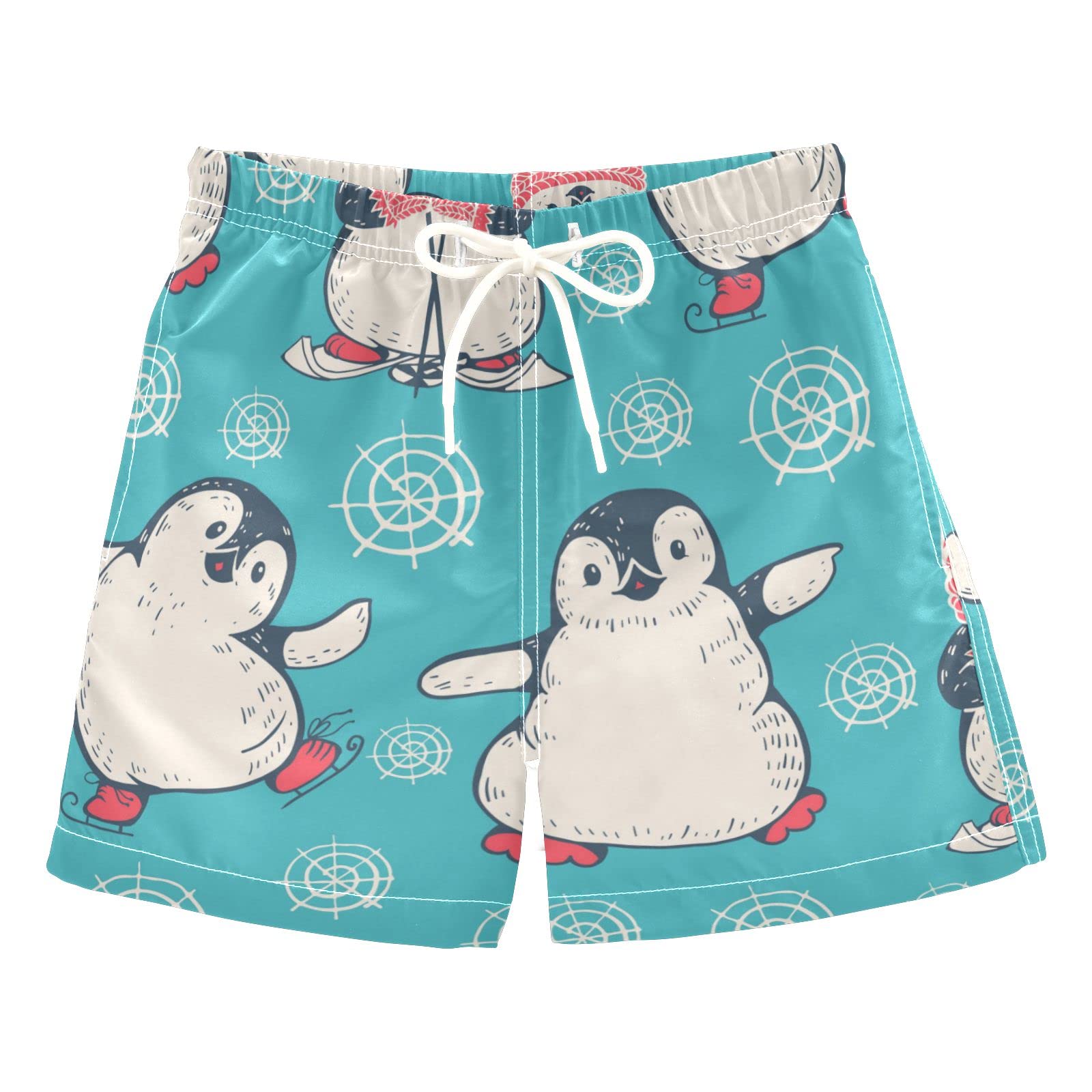 AMICHIC Boys Cute Penguins Pattern Swim Trunks - Quick Dry Board Shorts for Beach, Surf & Pool - Hawaii Vacation Essentials for Kids Summer Water Activities