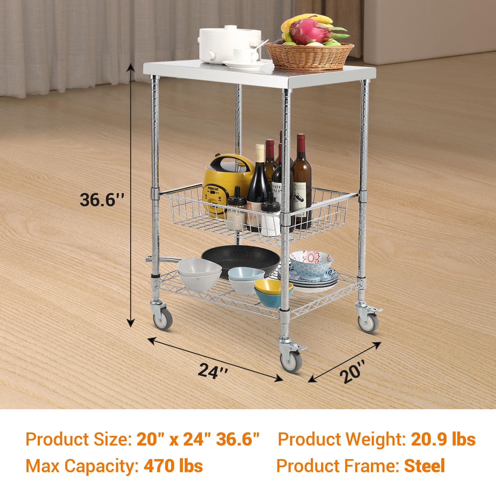 GARVEE 3-Tier Metal Wire Rolling Cart with Wheels - Sturdy Storage Organizer for Kitchen, Bathroom, Office, or Dorm Room | Mobile Utility Cart for Home Organization