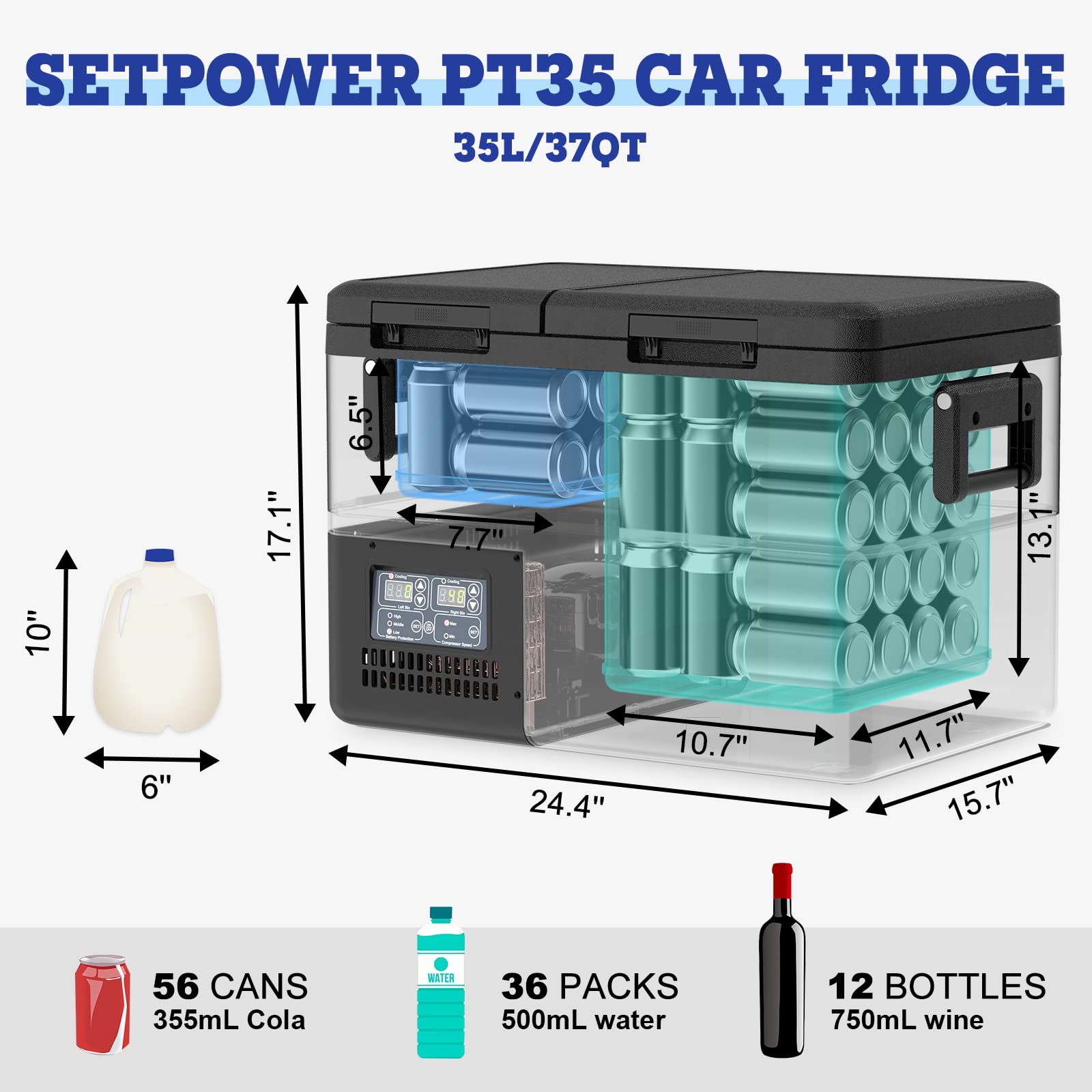 Setpower PT35 37QT Dual Zone Car Refrigerator with Cover - 12V Portable Freezer Electric Cooler for Camping, RV, Truck, Travel & Home Use | Keep Food Fresh on Road Trips & Outdoor Adventures