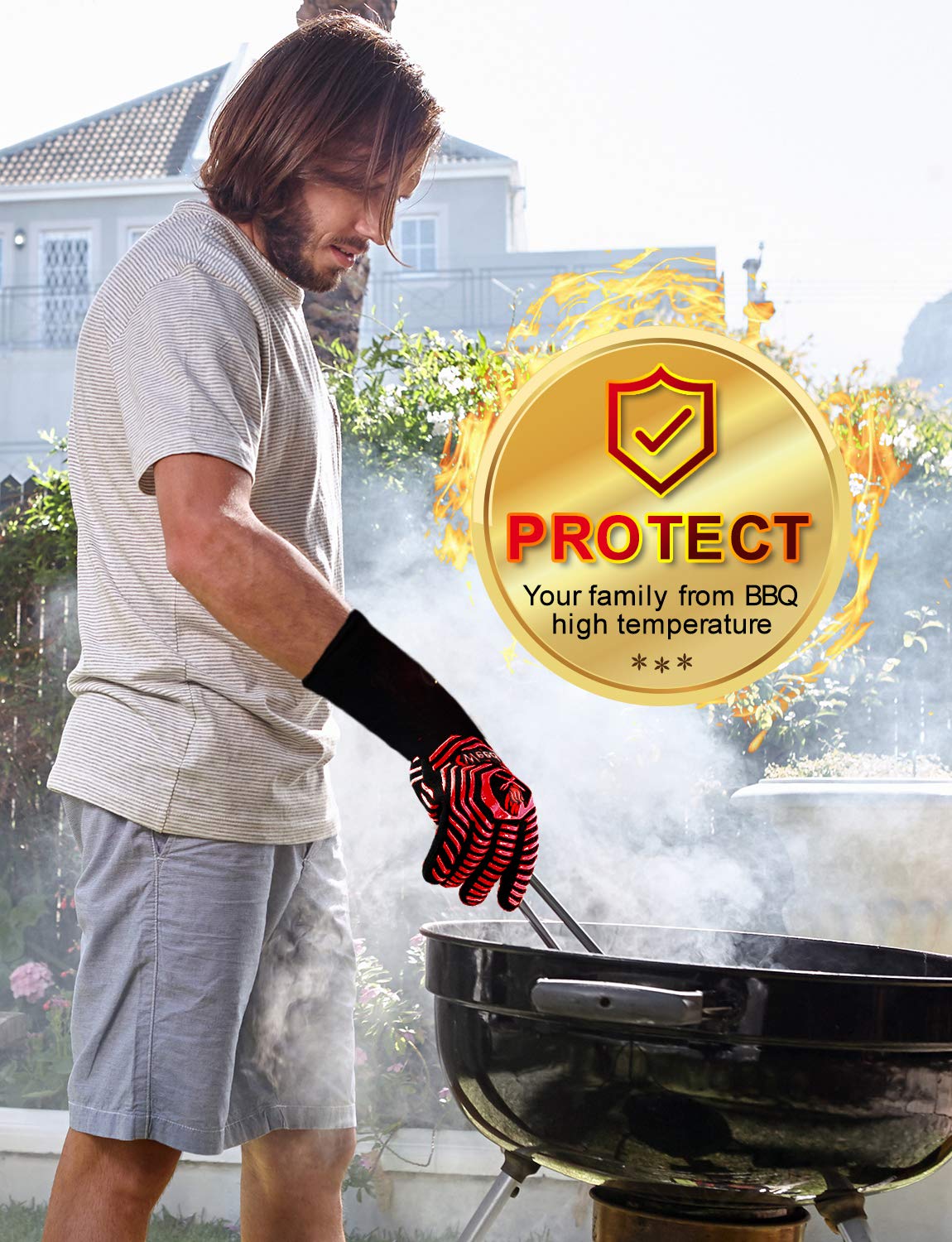 Heat Resistant BBQ Gloves 13.5 Inch - Professional Oven Mitts for Grilling, Smoking, Baking & Cooking - Flame Retardant Kitchen Gloves for Grill, Smoker, Campfire & Barbecue (Red) - Perfect for Outdoor Cooking, Backyard Parties & Hot Food Handling