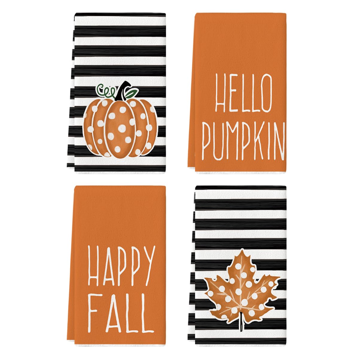 Artoid Mode Stripes & Polka Dot Hello Pumpkin Fall Kitchen Towels - Set of 4 Farmhouse Dish Towels (18x26 Inch) with Maple Leaves Design | Perfect for Autumn Decor, Thanksgiving Dinner, and Farmhouse Style Kitchens