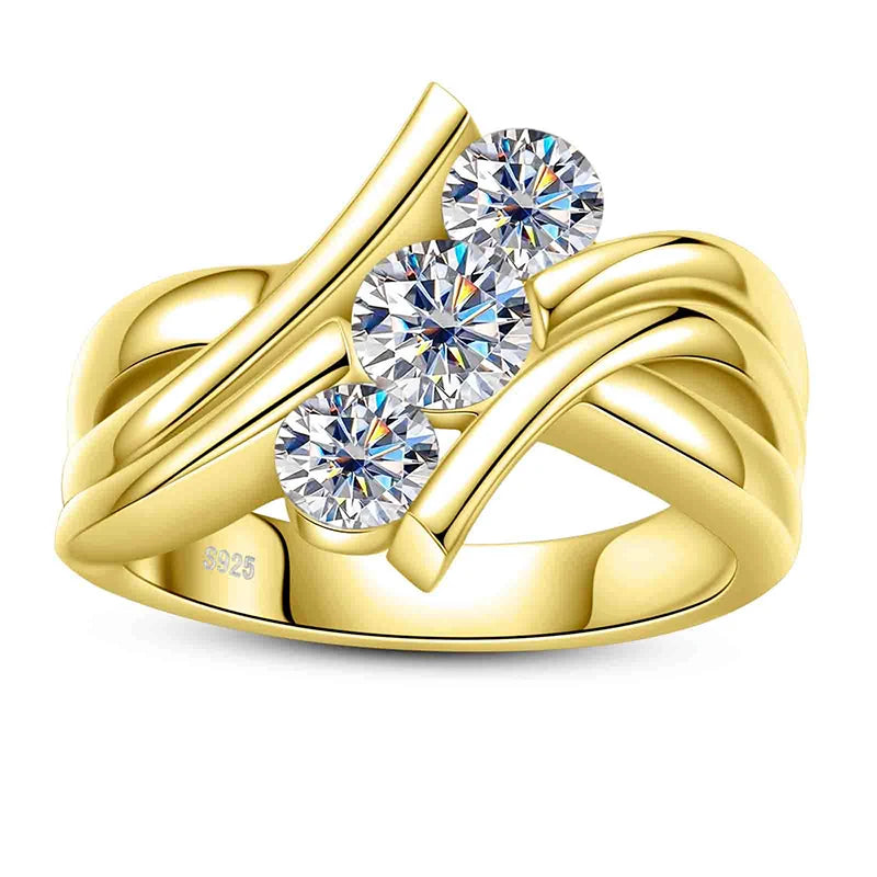 2 Carat Moissanite Engagement Ring for Women - 925 Sterling Silver, Yellow Gold Plated, Three Stone Design | Perfect for Proposals, Anniversaries & Special Occasions