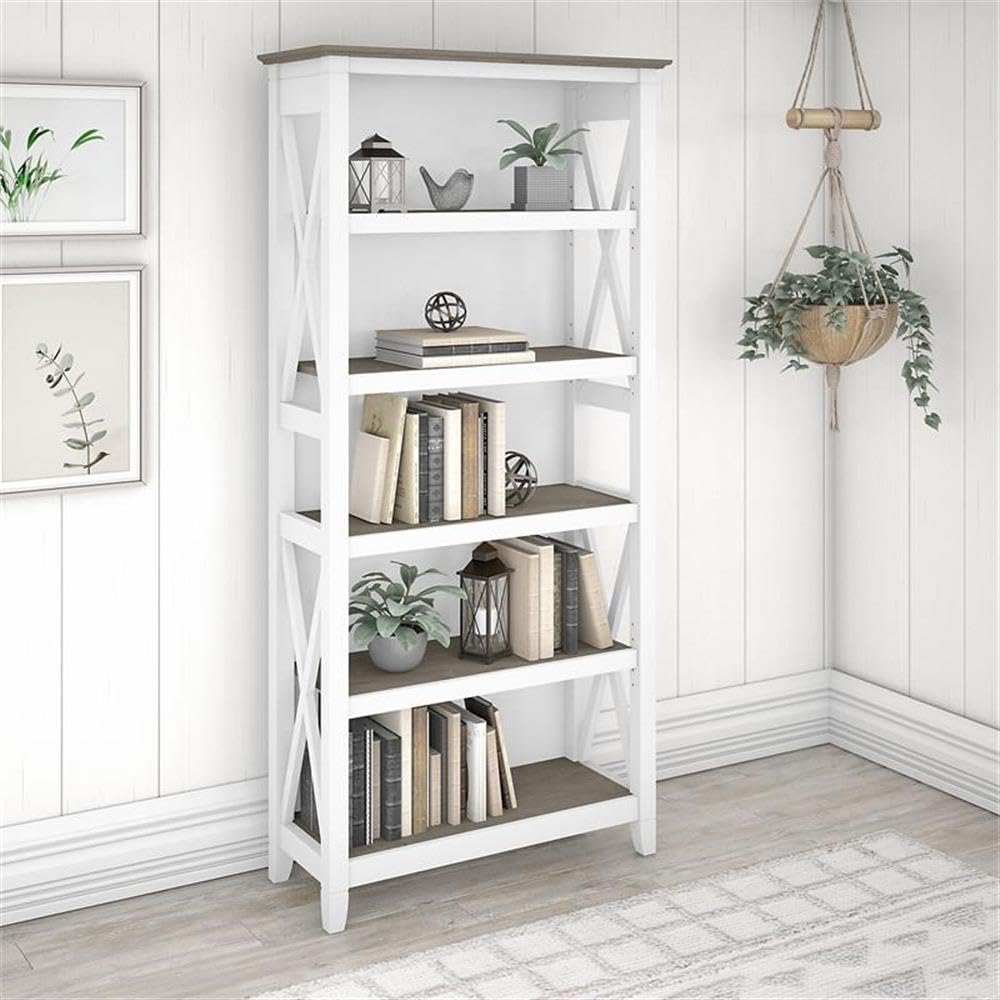 BOWERY HILL 5-Shelf Coastal Wood Tall Bookcase - Shiplap Gray & White - Perfect for Beach House, Farmhouse & Living Room Storage