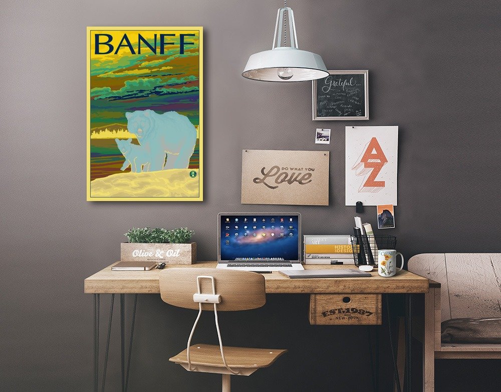 Lantern Press Banff Canada Bear and Cub Wall Art - 16x24 Wrapped Canvas Print - Wildlife Nature Decor for Living Room, Bedroom & Office