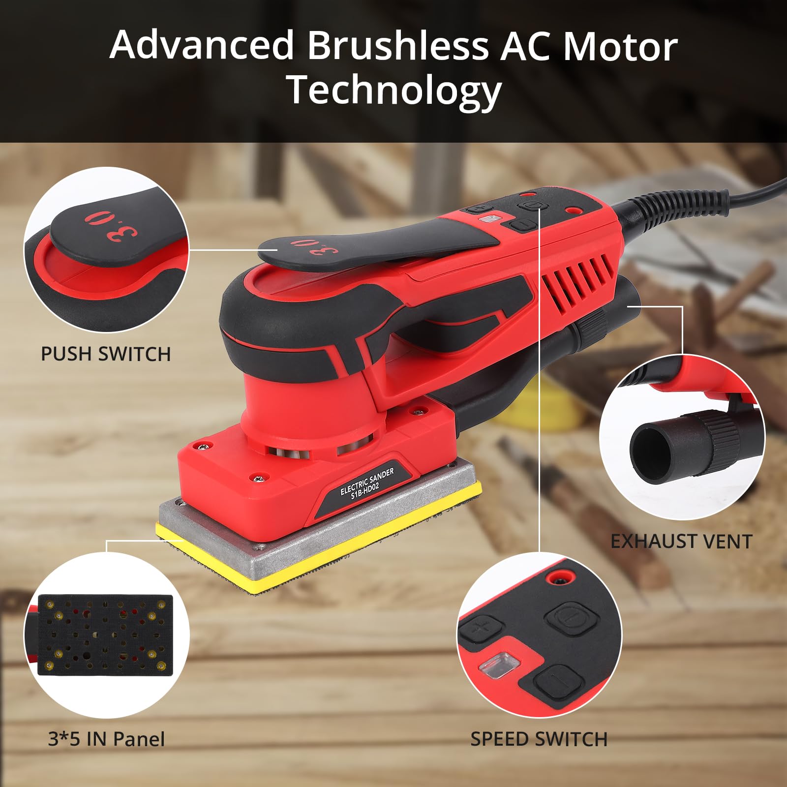 Towallmark 2.5 AMP Orbital Sander - 6 Speed Adjustable (10000 OPM) Electric Palm Sander for Woodworking, Sanding & Polishing - Includes 12 Sandpapers (350W) - Perfect for Furniture Refinishing, DIY Projects & Home Renovations