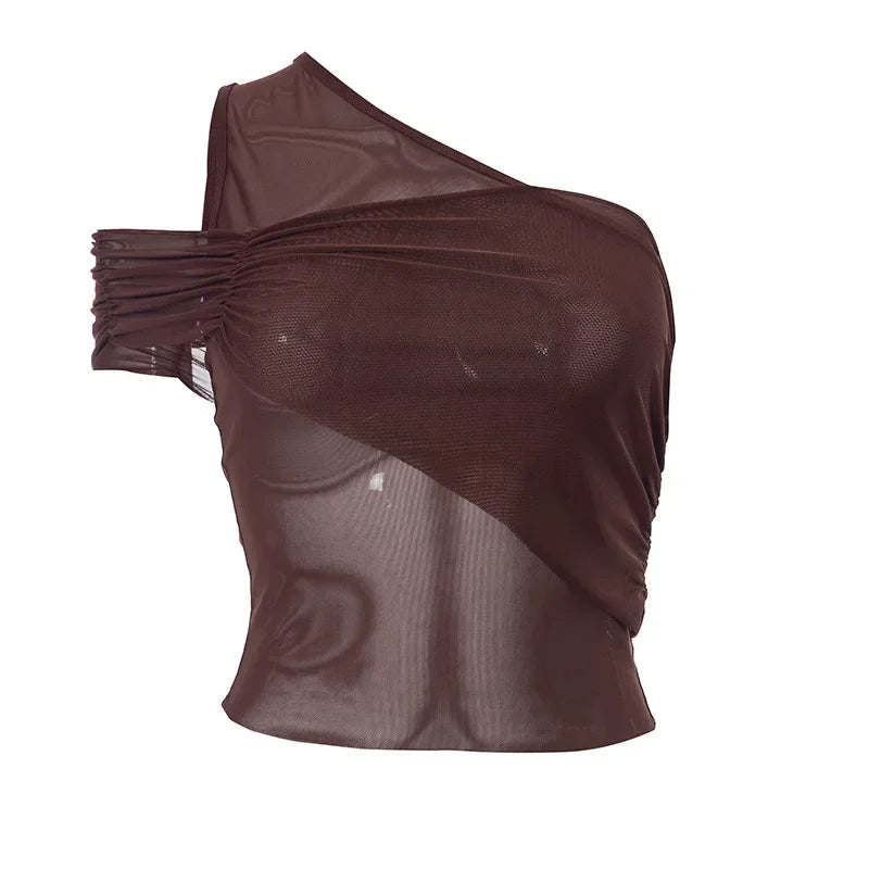Y2K Asymmetrical One Shoulder Backless Crop Top - Brown Mesh Patchwork Grunge T-Shirt for Women | Trendy Streetwear & Party Outfit | Perfect for Concerts, Clubbing & Casual Wear