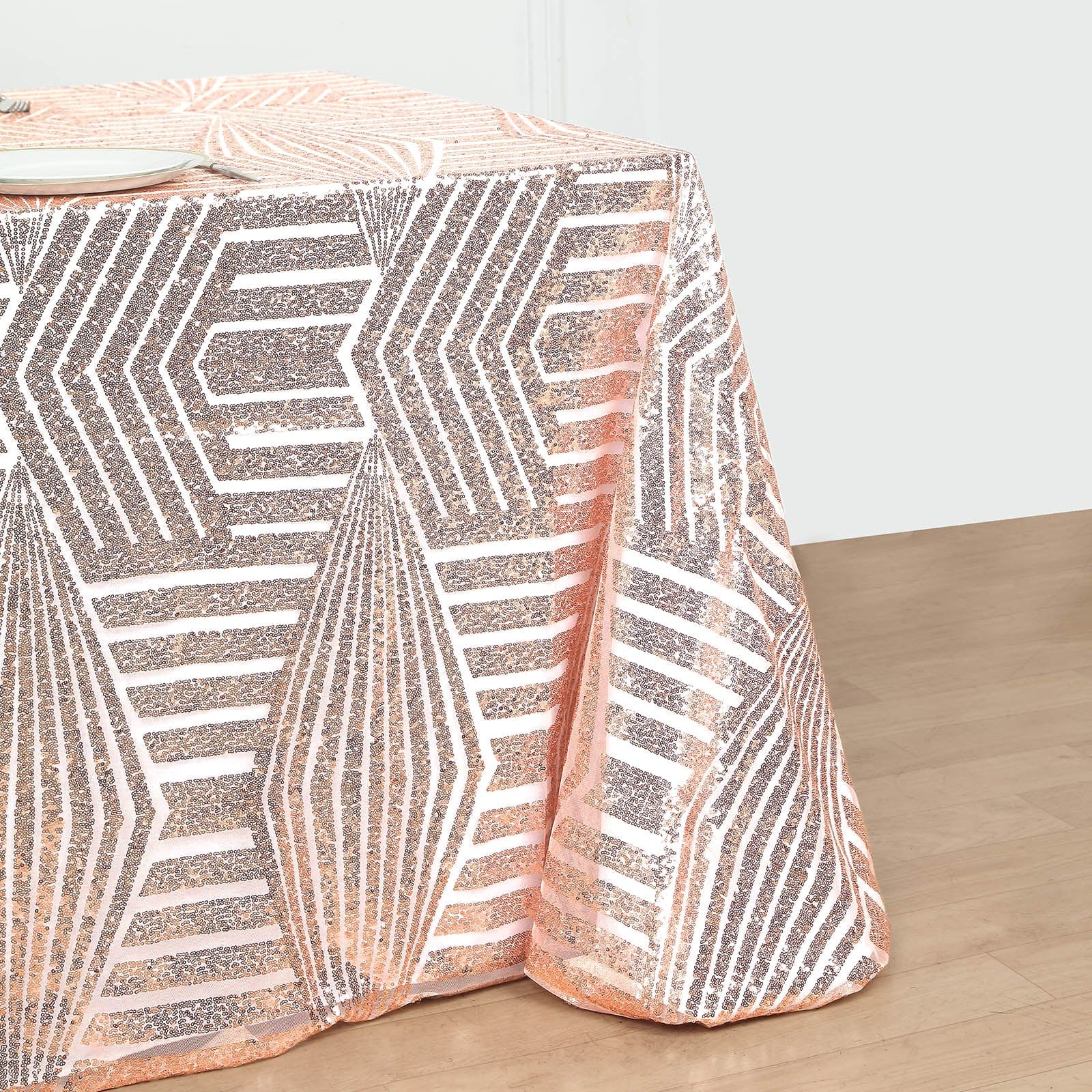 90x132 Inch Sparkling Sequin Geometric Tulle Tablecloth - Elegant Rectangular Wedding, Party, and Banquet Decor