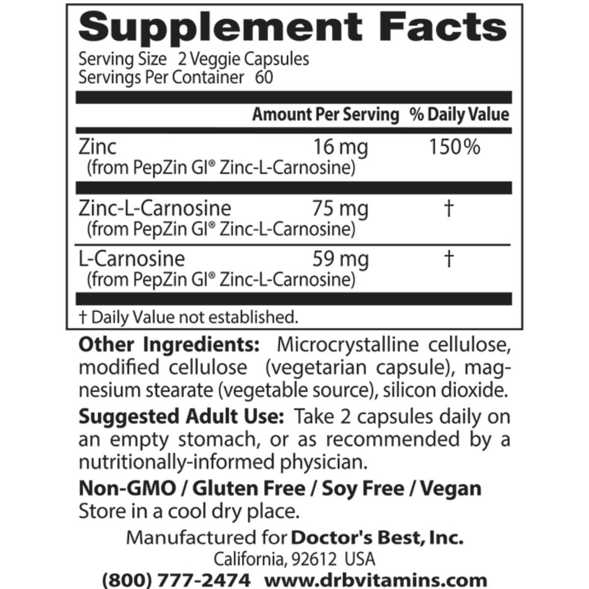 Doctor's Best PepZin GI - Zinc L-Carnosine Complex Supplement for Digestive Health - 120 Vegetarian Capsules - Supports Gut Lining & Stomach Comfort - Ideal for Acid Reflux, Heartburn & Digestive Wellness