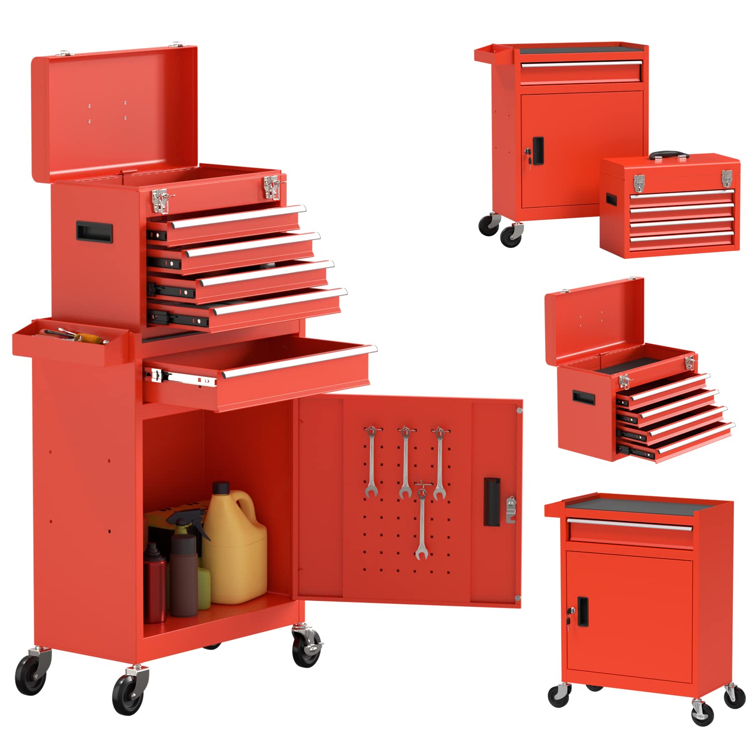 5-Drawer Rolling Tool Chest with Wheels - Heavy Duty Removable Tool Box with Storage Tray & Cabinet Organizer for Garage, Workshop, Warehouse (Red) - Perfect for Mechanics, DIY Enthusiasts & Professional Tradesmen