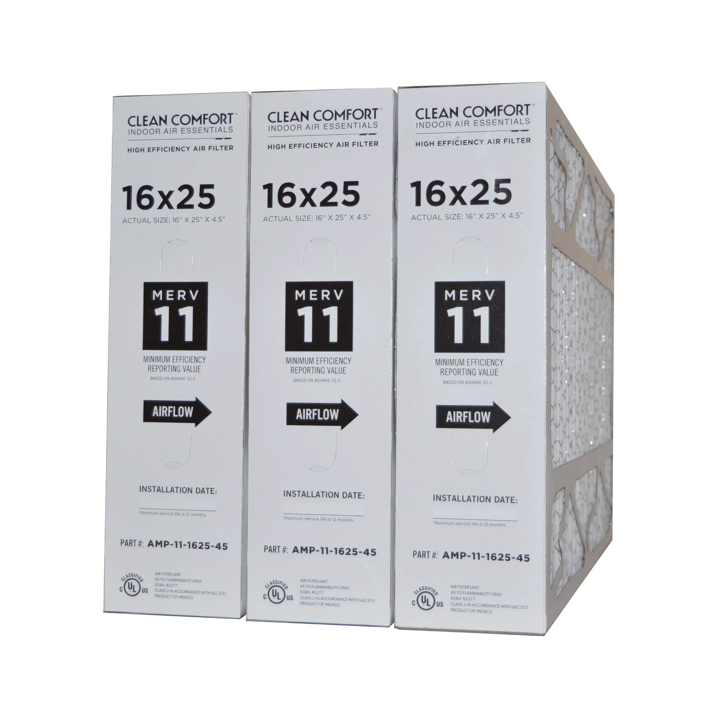 Clean Comfort AMP-11-1625-45 MERV 11 Air Filter 16x25x4.5 Inches - 3 Pack | High Efficiency HVAC Furnace & AC Filters for Home & Office Use
