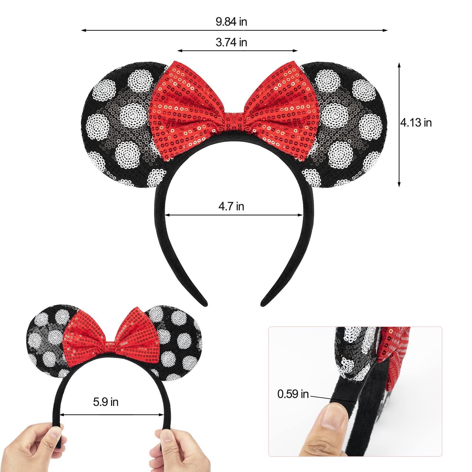 2 PCS Handmade Shiny Red Sequin Bow Mouse Ears Headbands for Women & Girls - Perfect for Disney Costumes, Christmas Parties, Birthday Celebrations & Cosplay Events