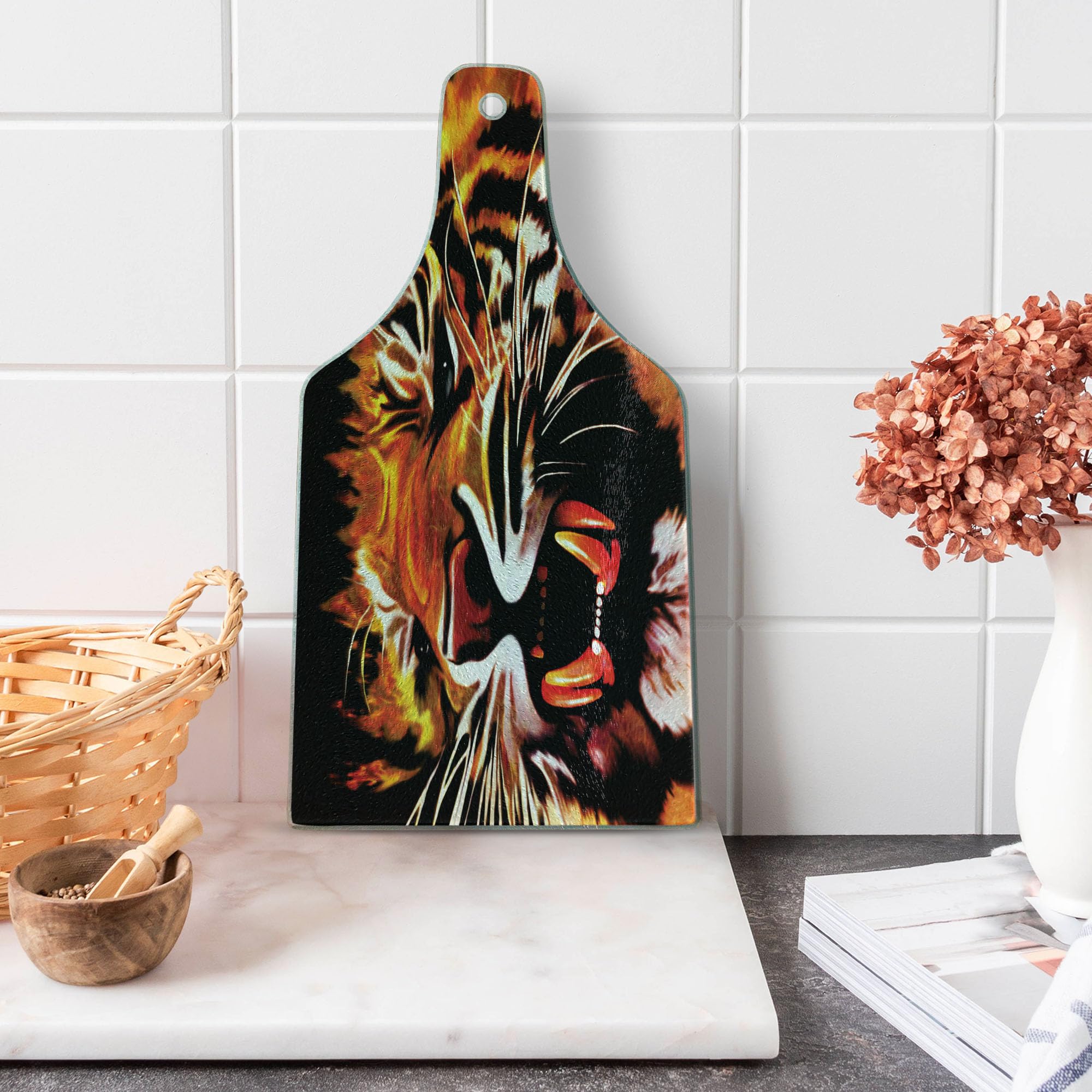 Ambesonne Savannah Tempered Glass Cutting Board - Large Tiger Stripes Animal Print, Decorative Serving Board with Wine Bottle Shape in Orange, White & Black | Perfect for Kitchen Prep, Charcuterie Display & Wine Pairing Parties