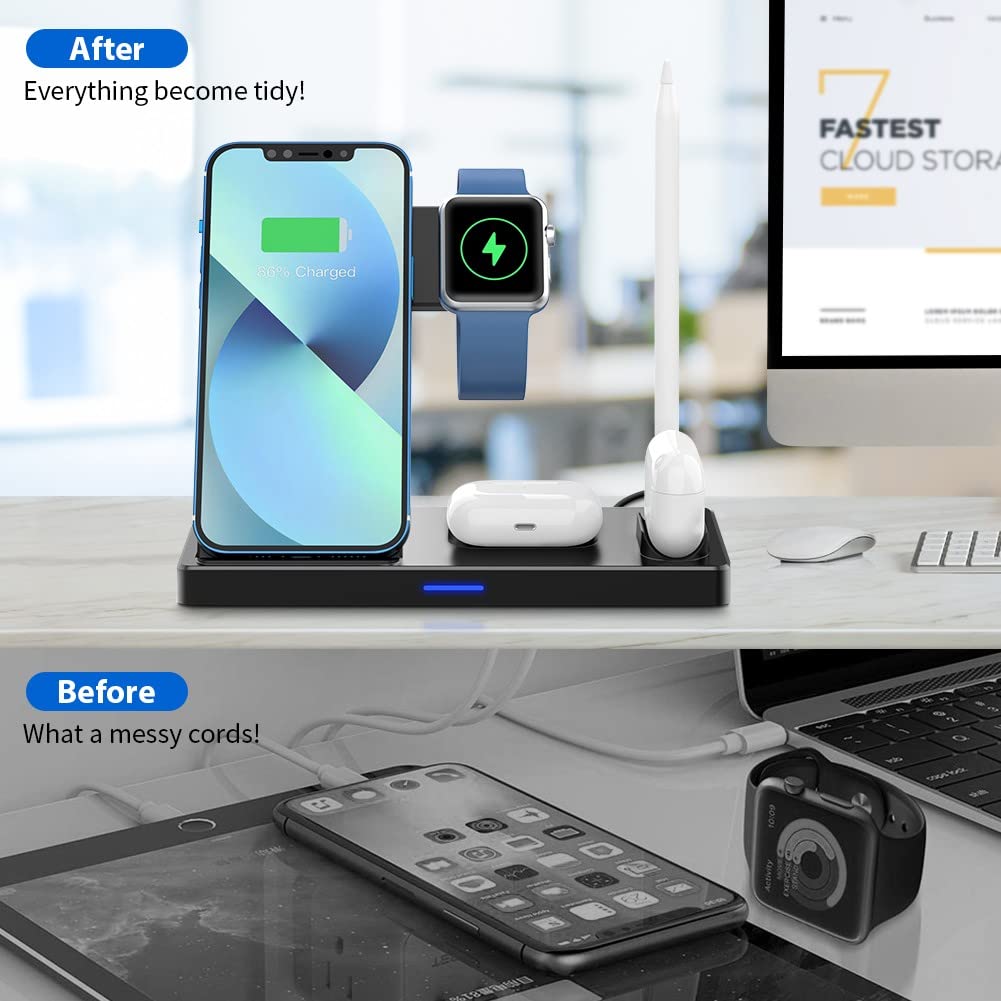 WAITIEE 5-in-1 Wireless Charging Station - Fast Qi Charger Dock for iPhone 13/12/11 Series, Apple Watch SE/7/6/5/4/3/2, AirPods Pro/3/2/1 & Apple Pencil | Compact Multi-Device Charging Stand for Home, Office & Travel (Black)