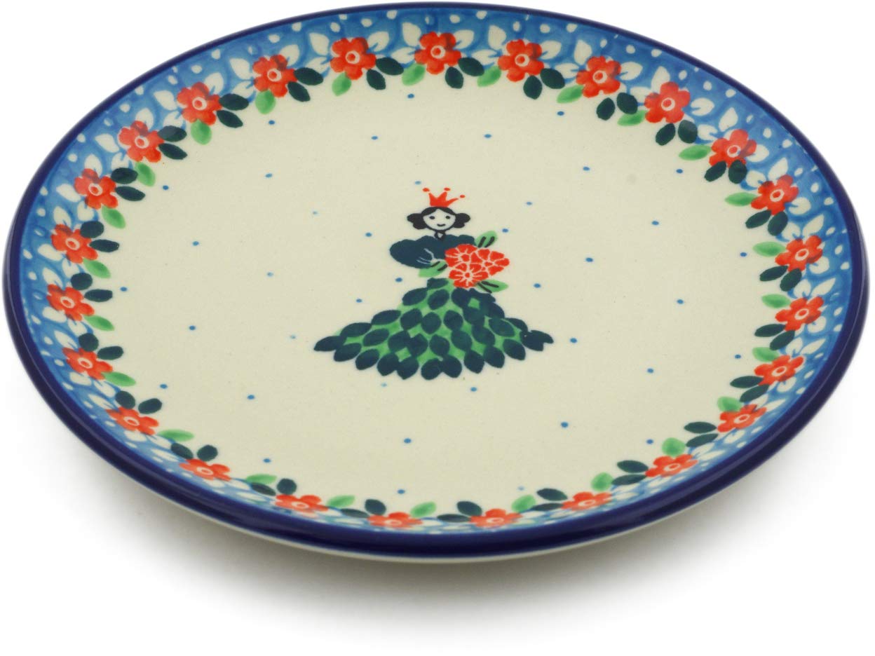 Authentic Polish Pottery 6¼-inch Dessert Plate - Ceramika Artystyczna Handmade (Princess In Green Dress Design) with Certificate of Authenticity | Perfect for Tea Parties, Wedding Favors & Home Decor