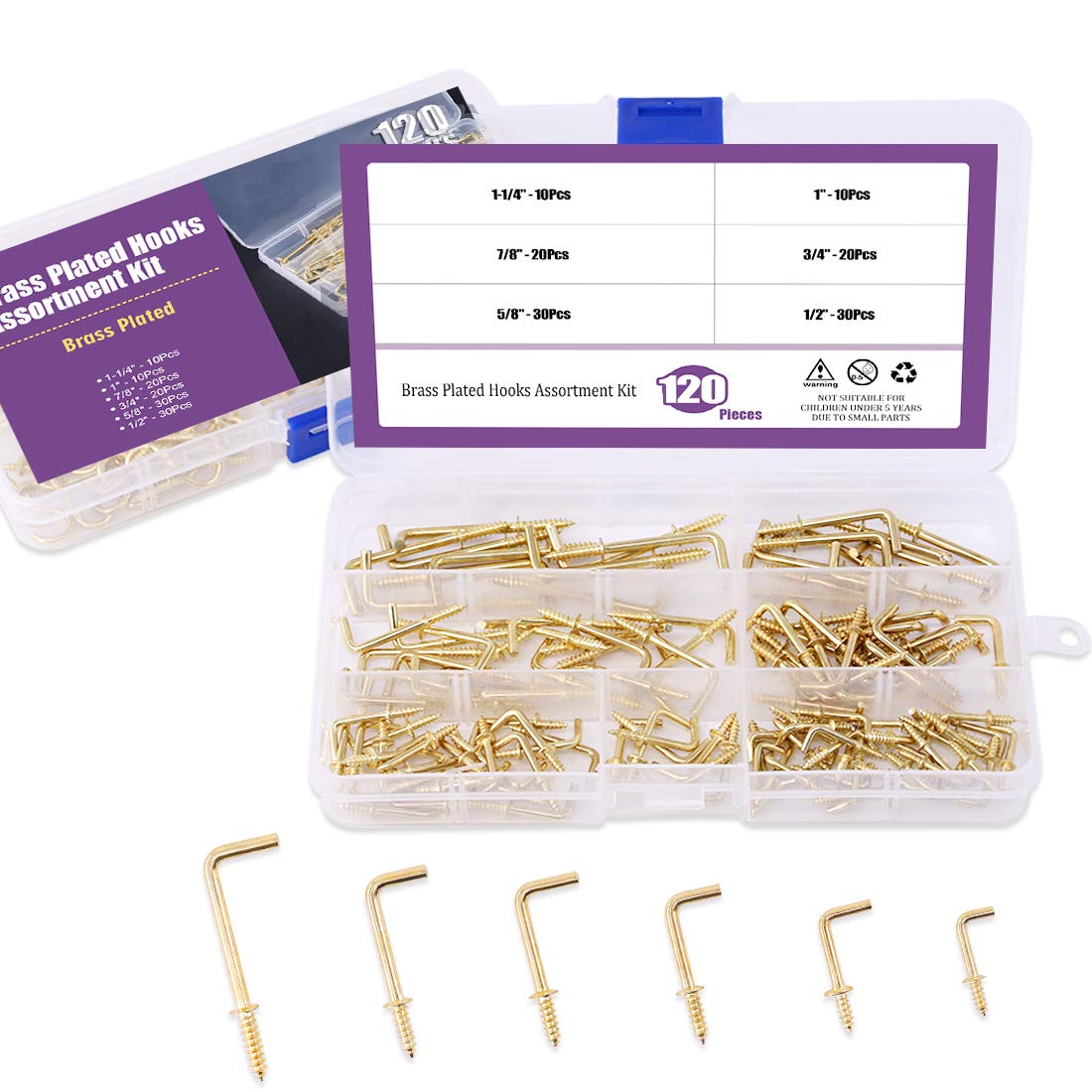 120Pcs 6 Sizes Gold Brass Plated Metal Screw-in Square Bend Hooks Kit - Heavy Duty Self-Tapping Screw Hooks for Wall, Door, Cabinet - Perfect for Home, Office, Kitchen, Bathroom Organization & Decoration