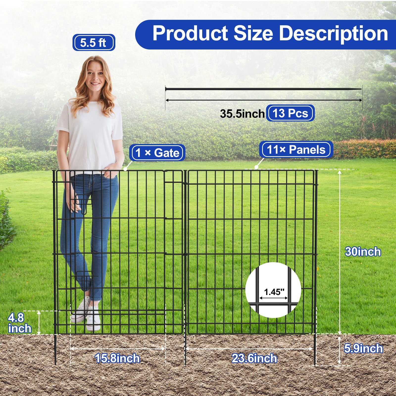 INJOPEXI 12-Panel Decorative Metal Garden Fence - 23.6ft Long x 30in Tall Rustproof Wire Fencing with Gate | No Dig Temporary Animal Barrier for Yard, Outdoor Patio & Garden Protection | Perfect for Pet Containment, Landscape Borders & Pool Safety