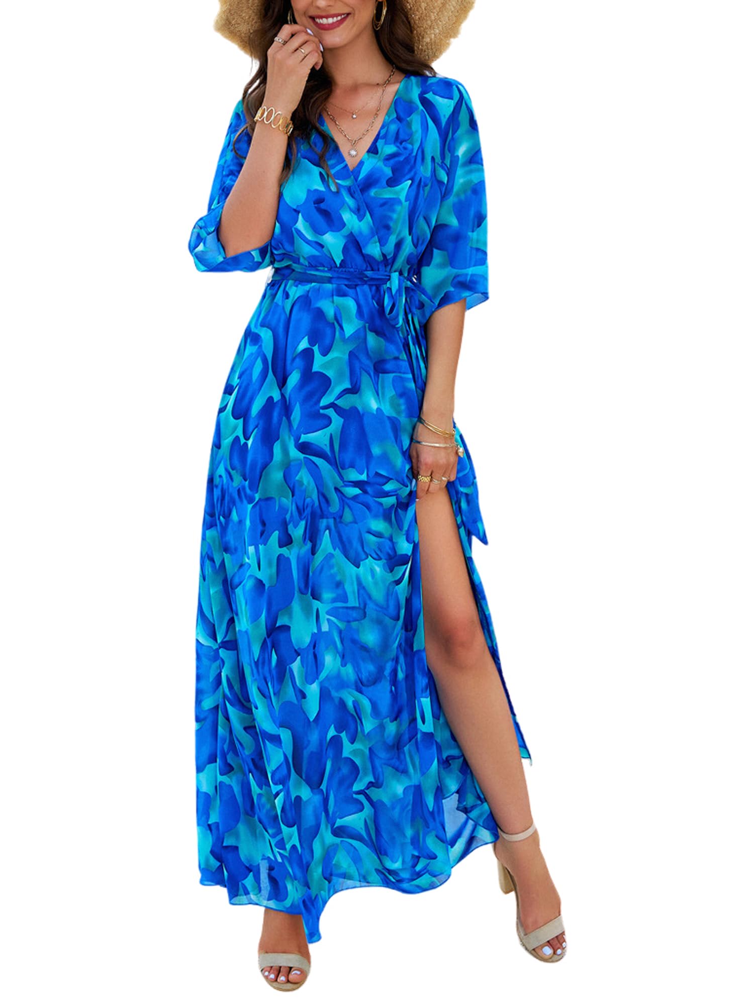 Women's Floral Wrap V-Neck Chiffon Maxi Dress - Half Sleeve Casual Summer Dress for Wedding Guest, Beach Party & Vacation 2025