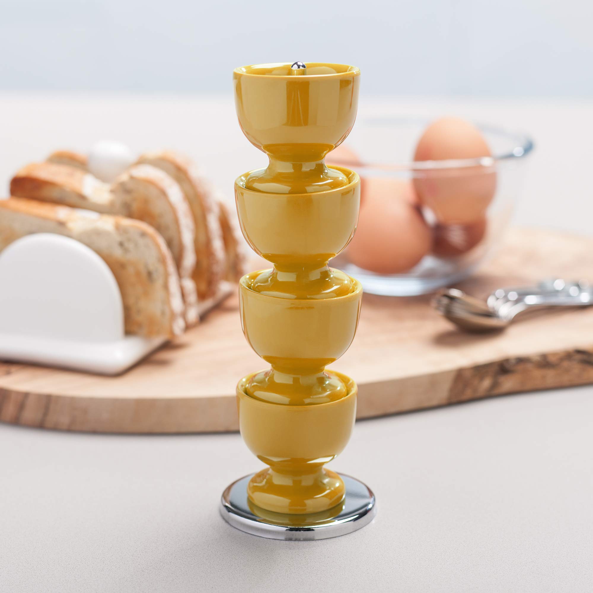 Zeal Melamine Stackable Egg Cups Set of 4 with Chrome Storage Stand - Mustard Yellow | Durable Kitchen Organizers for Breakfast, Easter Decor & Party Serving