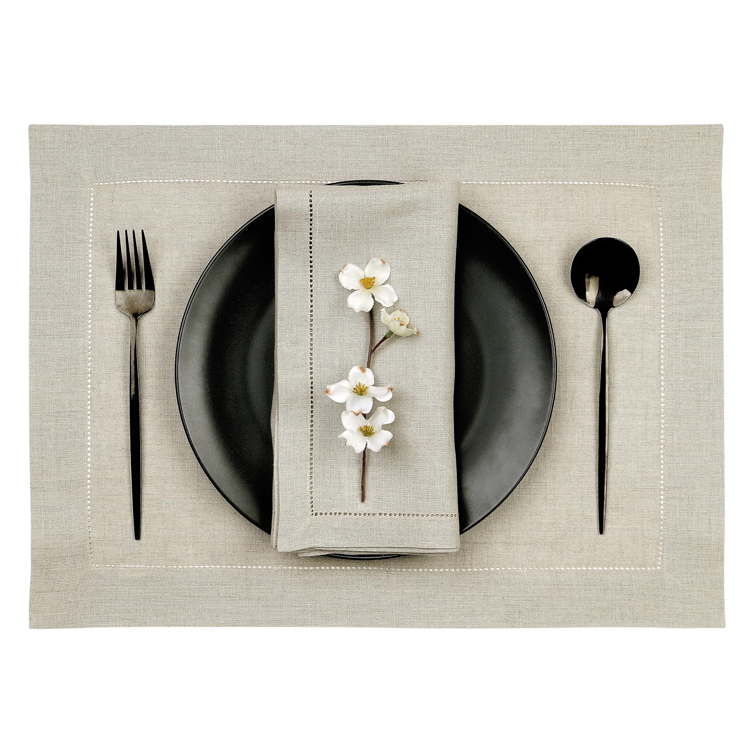 D'Moksha Homes 100% Pure Linen Placemats Set of 4 - Natural 14x19 Inch Table Mats with Classic Hemstitch | Washable & Durable for Dining Table Decor | Perfect for Christmas, Thanksgiving, and Everyday Elegant Dinner Parties