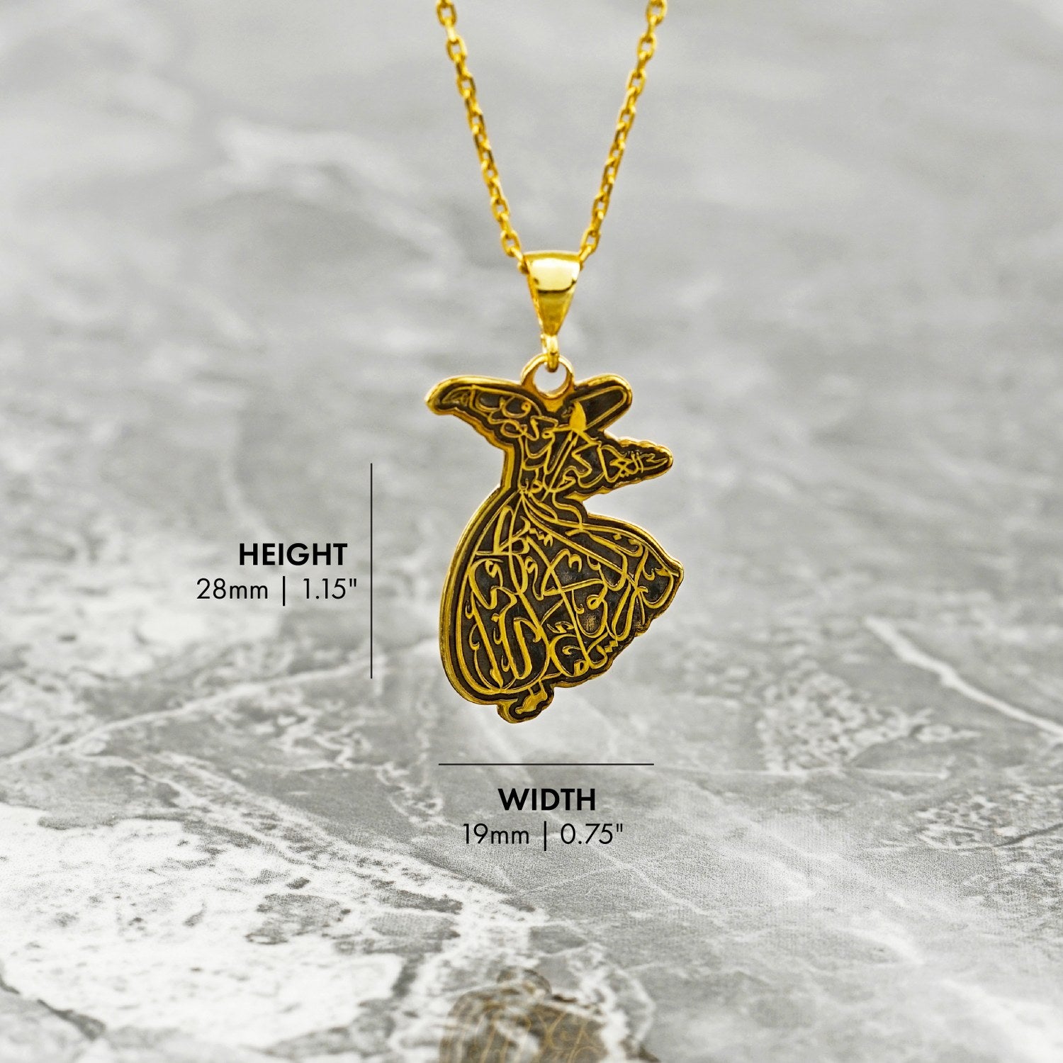18K Gold Plated Silver Whirling Darwish Islamic Pendant Necklace - Spiritual Muslim Jewelry for Prayer & Special Occasions