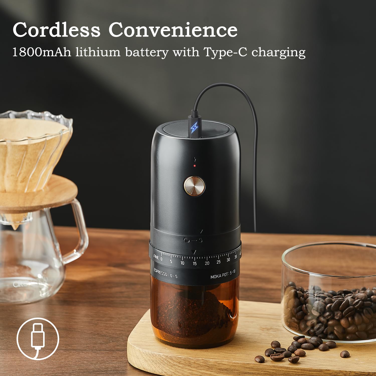 Premium Electric Burr Coffee Grinder - Rechargeable Mini Espresso Grinder with Stainless Steel Blade & Adjustable Coarseness - Perfect for Home, Office & Travel Coffee Brewing