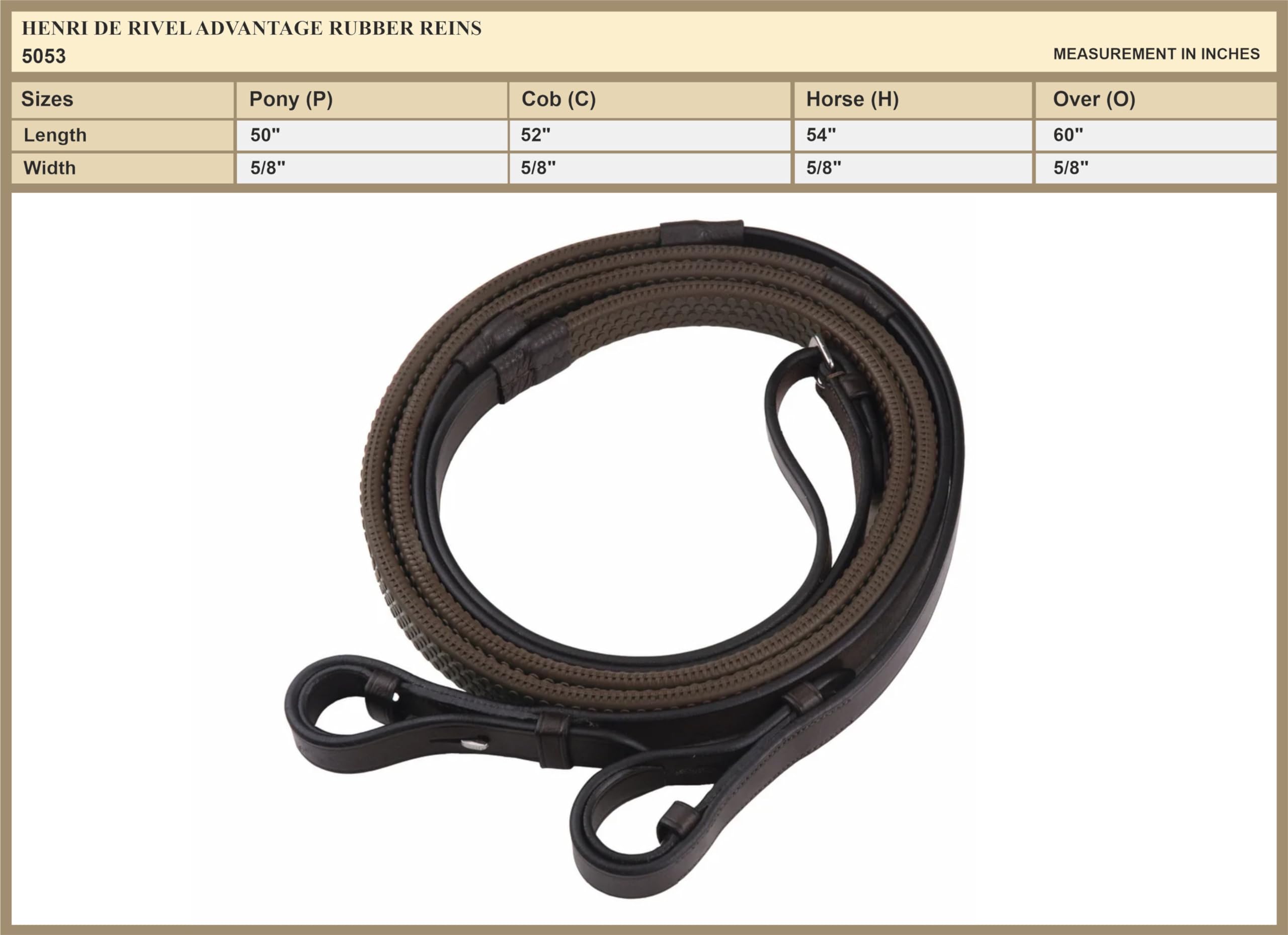 Henri de Rivel Pro Rubber Reins for Horses - Oakbark Color - Durable Equestrian Training Equipment for Riding & Dressage