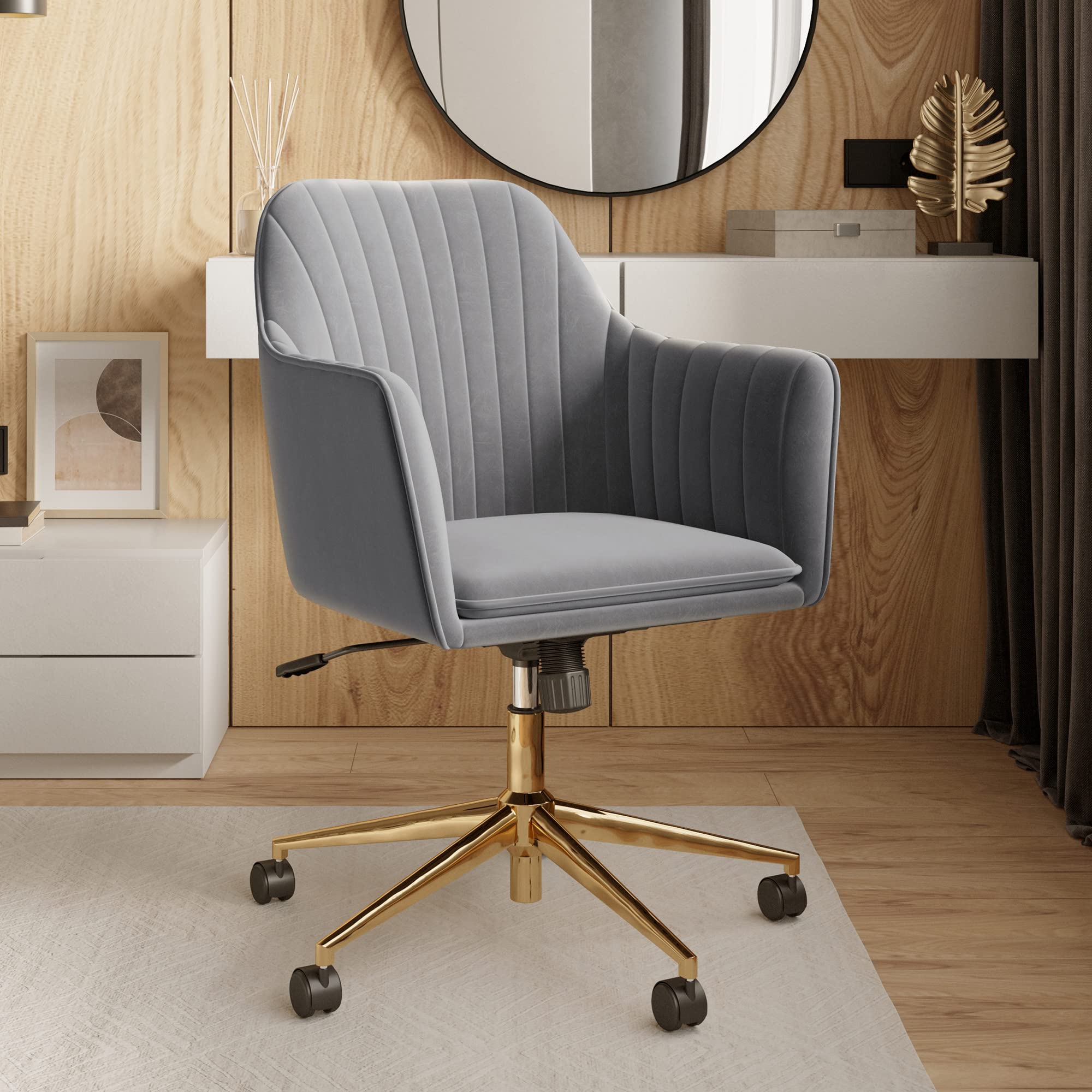 BELLEZE Modern Velvet Swivel Desk Chair with Adjustable Height - Gray & Gold Upholstered Office Chair, Rolling Vanity Armchair for Home & Workspace - Alayah Model - Perfect for Home Office, Study Room & Makeup Station